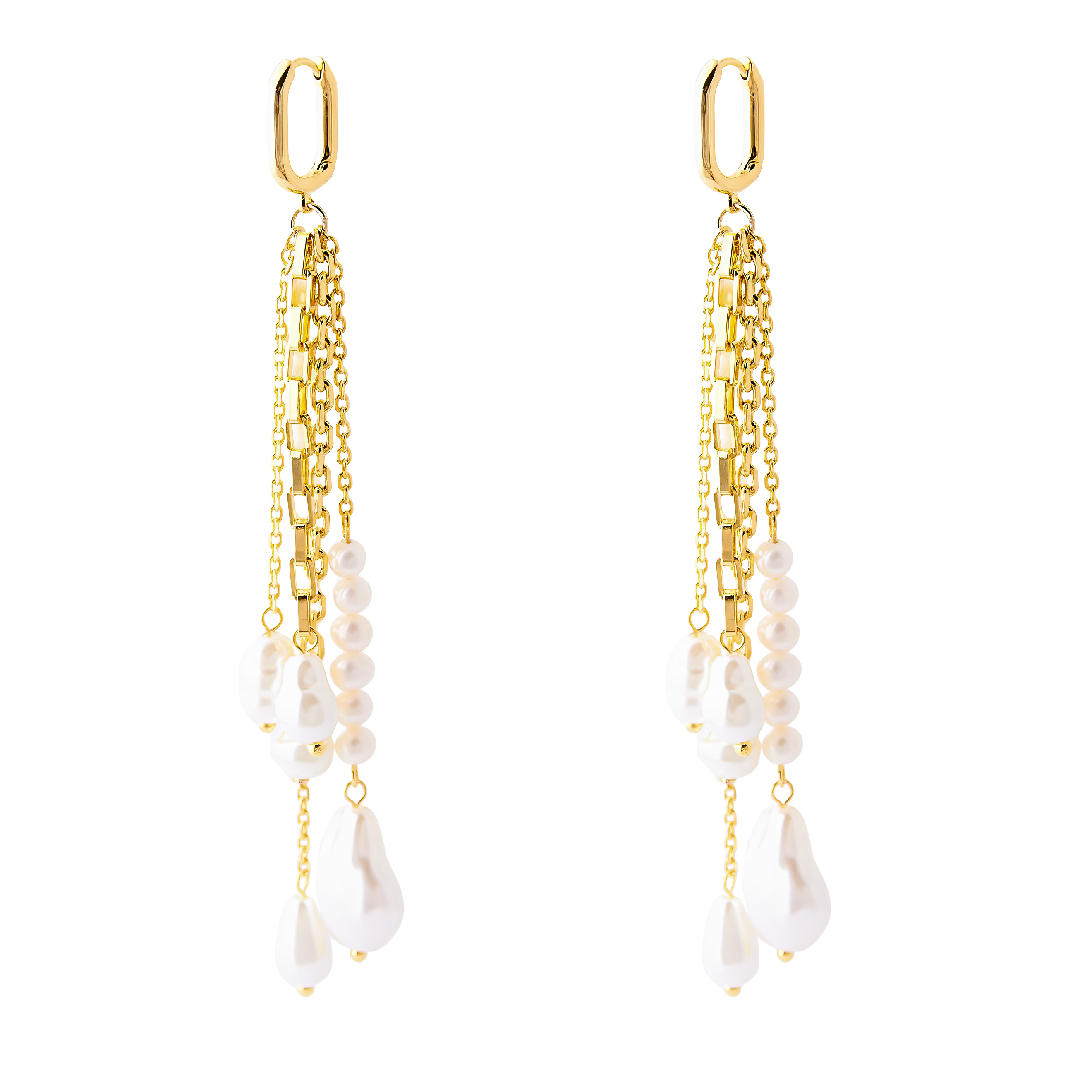 earrings with pendants made of chains and pearls