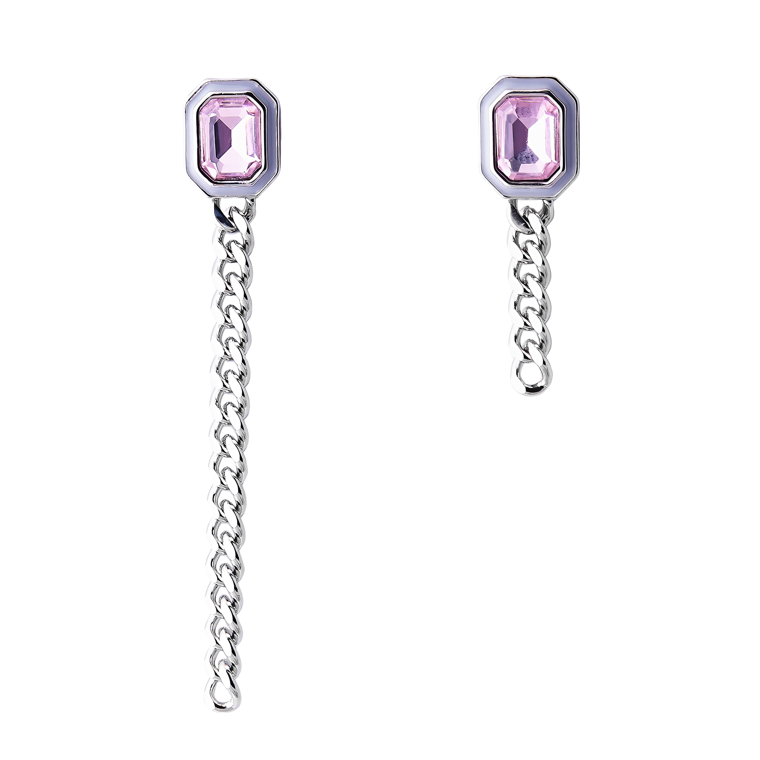 earrings with pink crystals and enamel and asymmetric chain pendants
