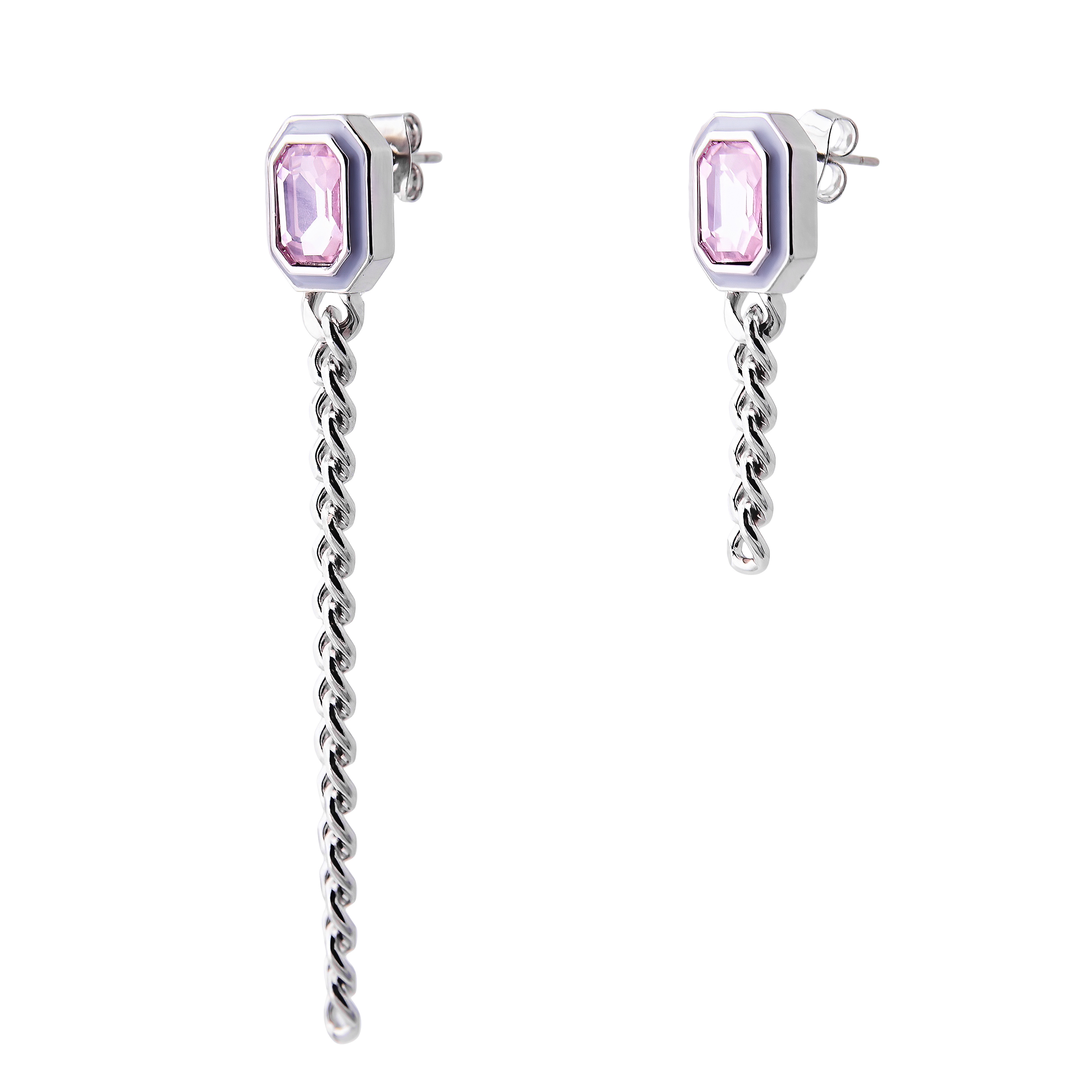 earrings with pink crystals and enamel and asymmetric chain pendants