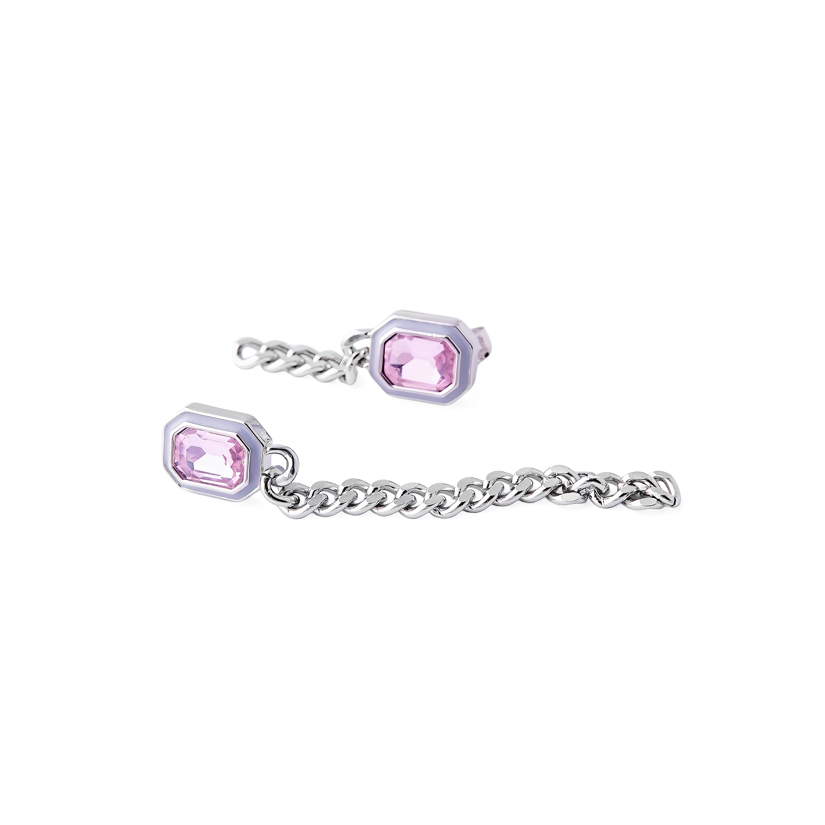 earrings with pink crystals and enamel and asymmetric chain pendants