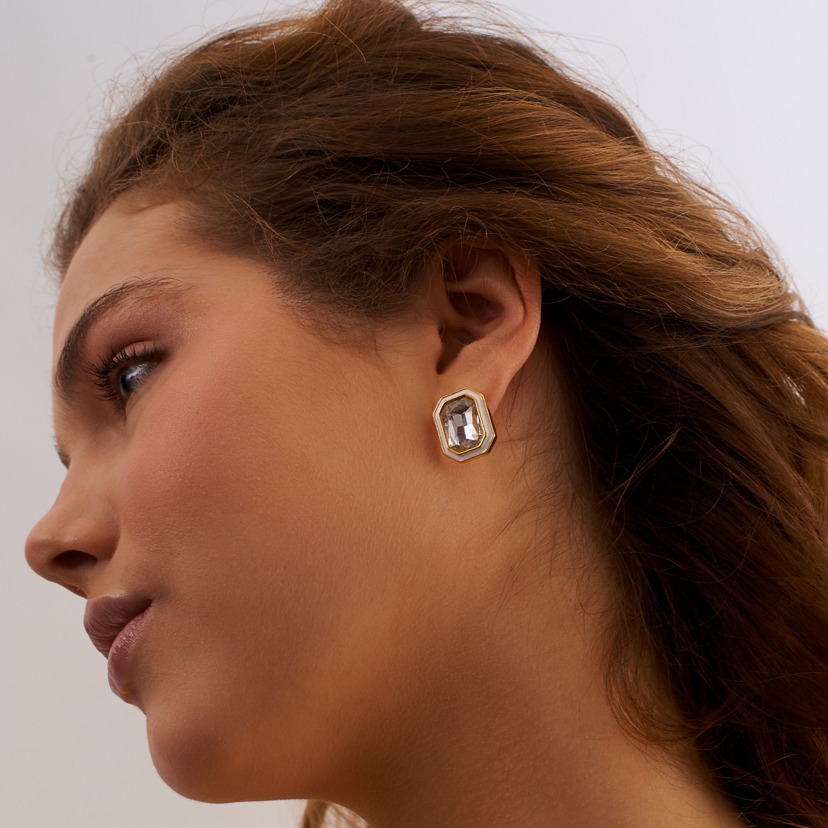 earrings with white crystals and white enamel