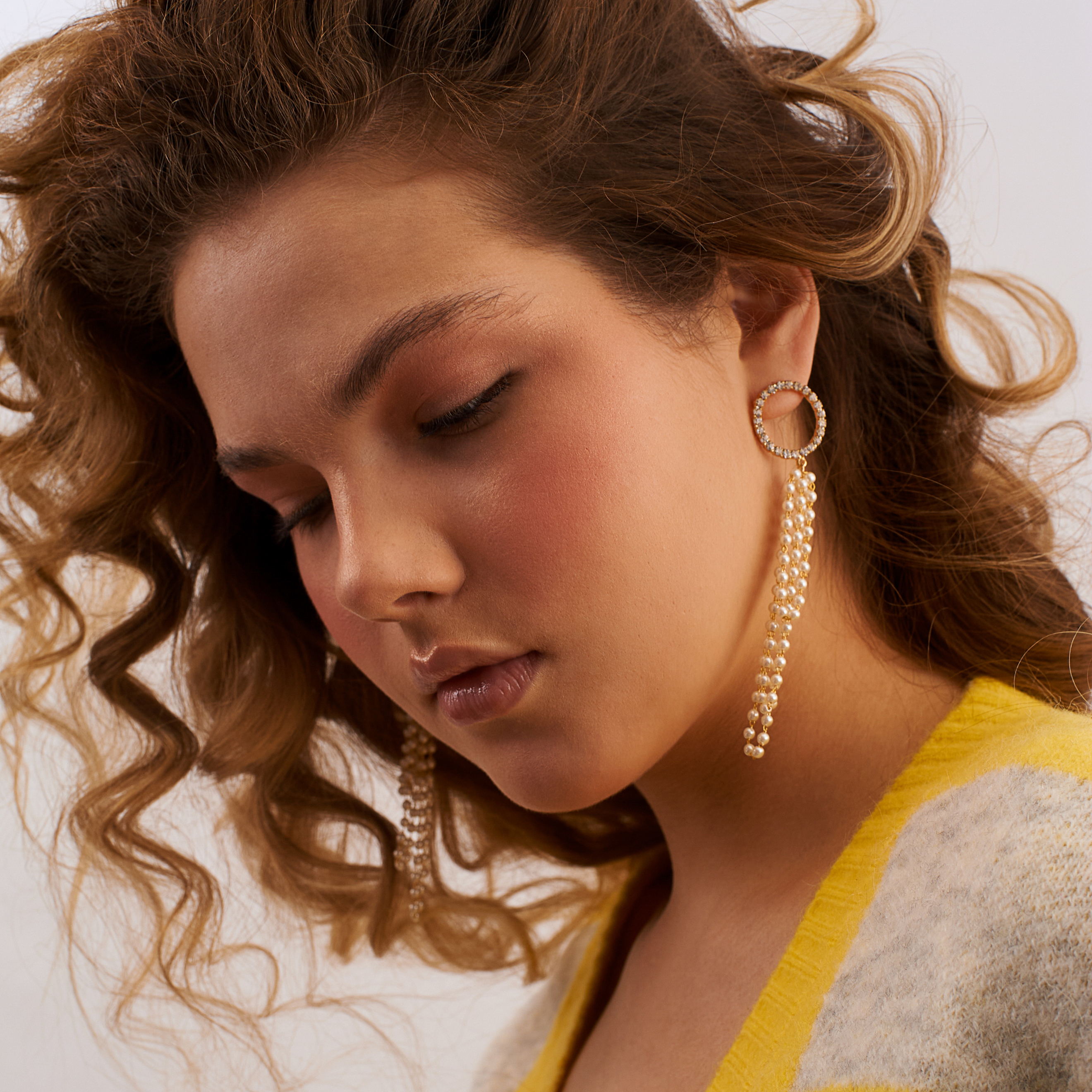 circle earrings with crystal pavй and long pearl pendants
