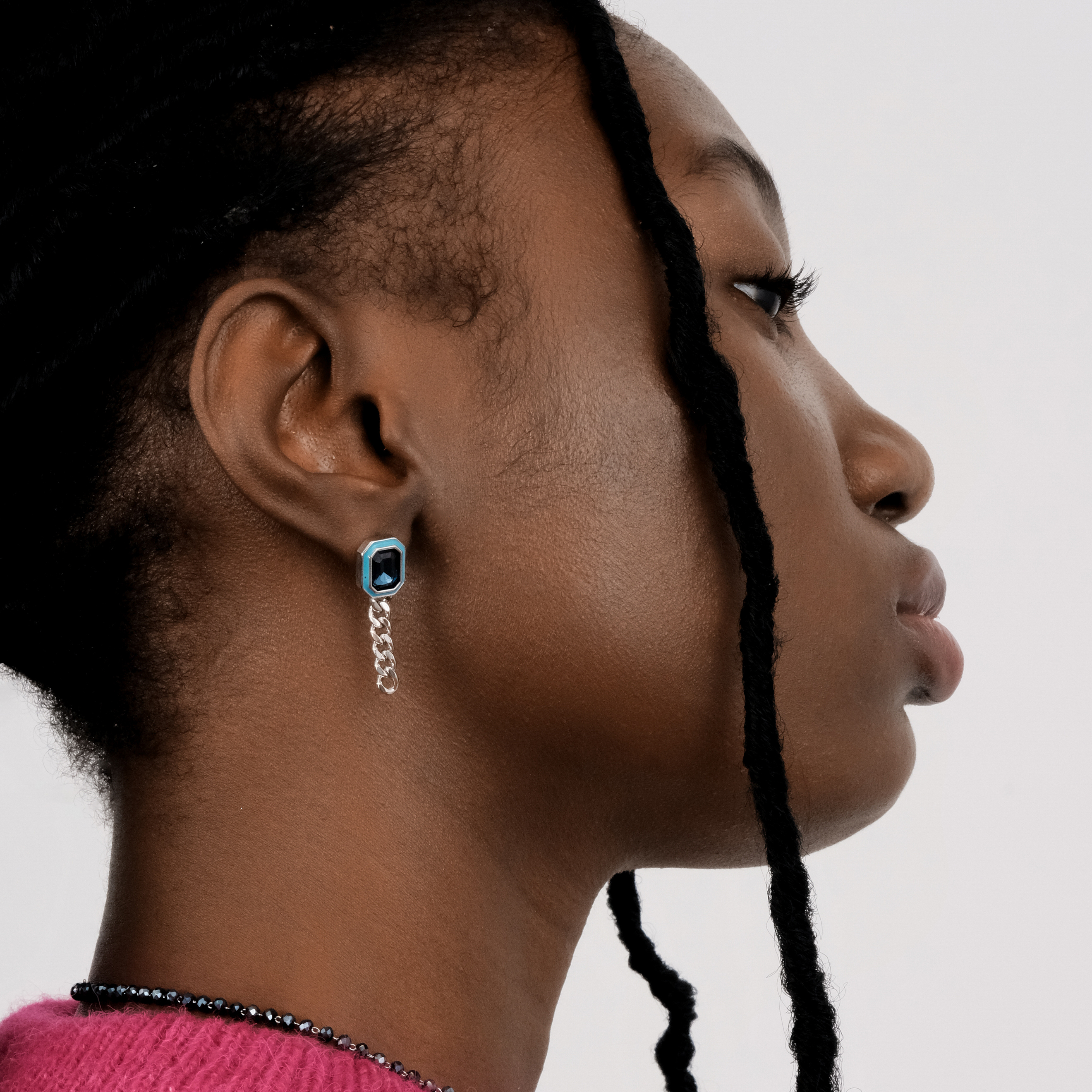 earrings with blue crystals and enamel and asymmetric chain pendants