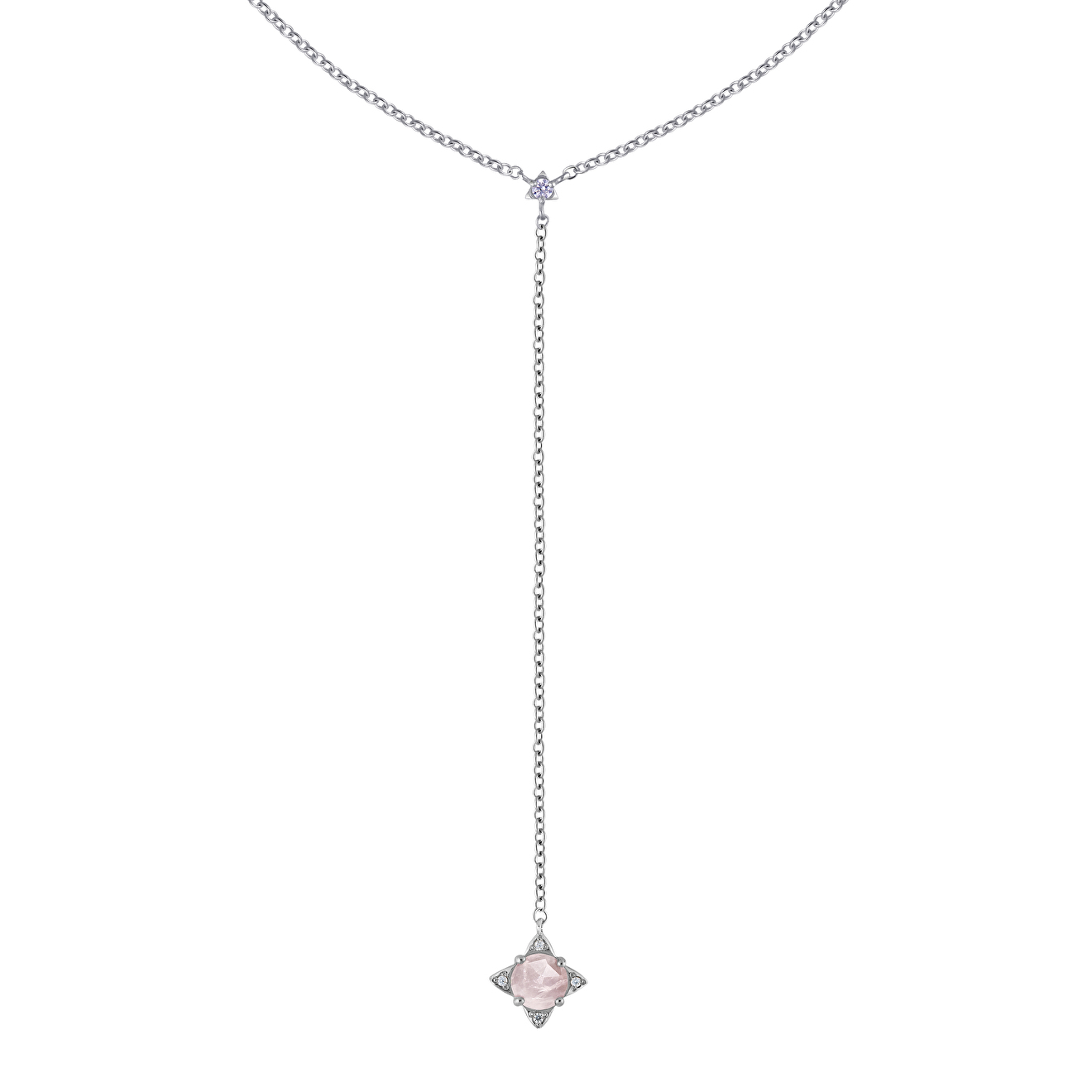 silver rose sautoire necklace with rose quartz