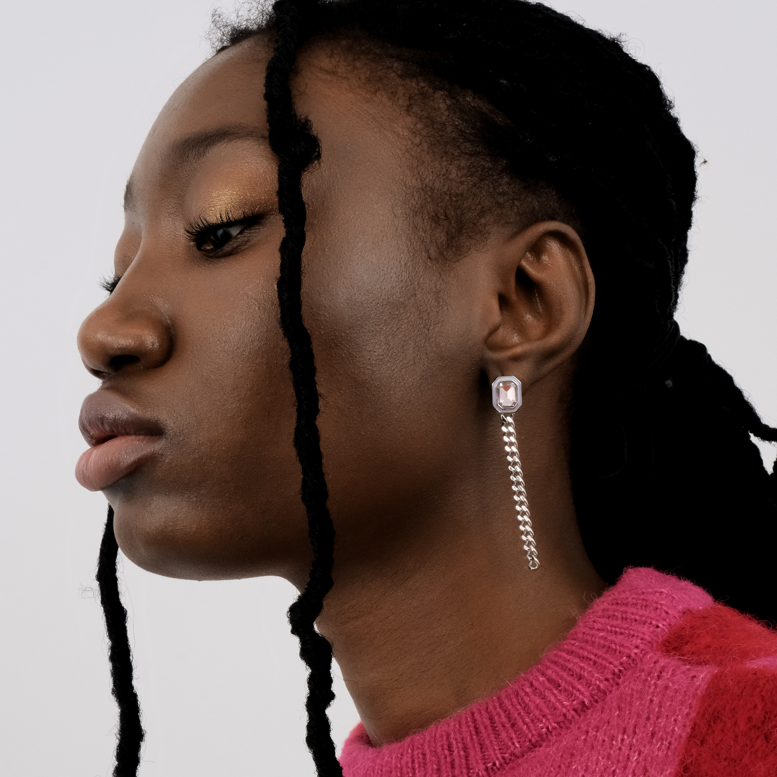 earrings with pink crystals and enamel and asymmetric chain pendants