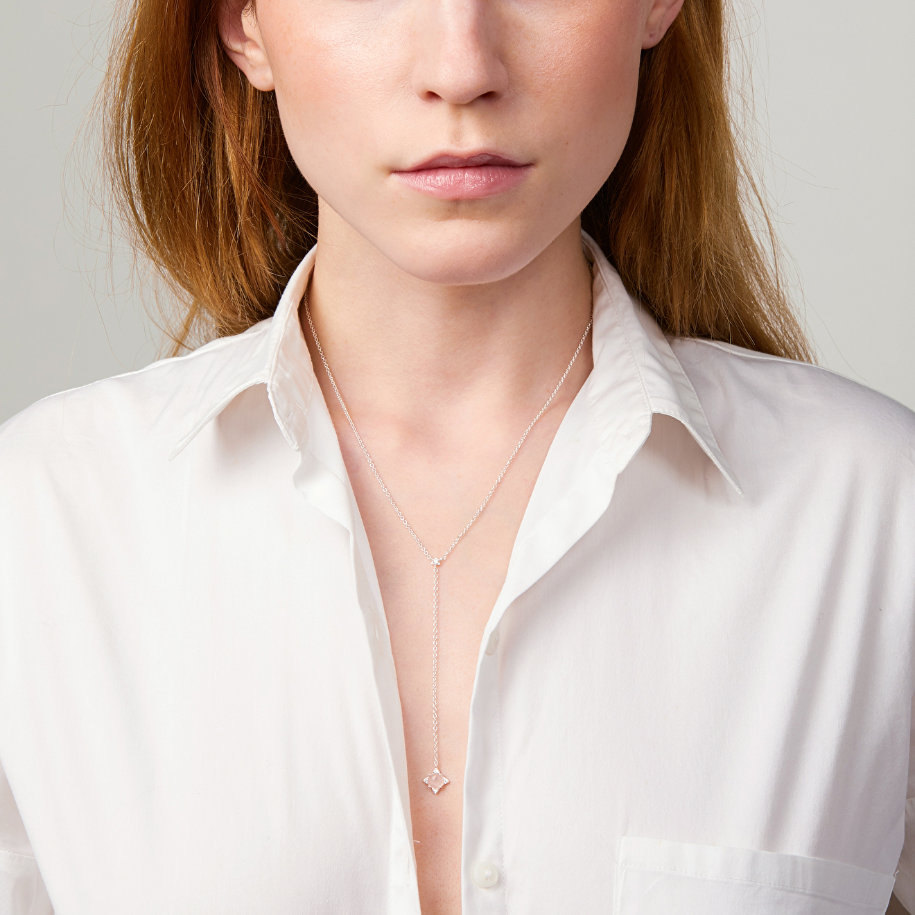 silver rose sautoire necklace with rose quartz
