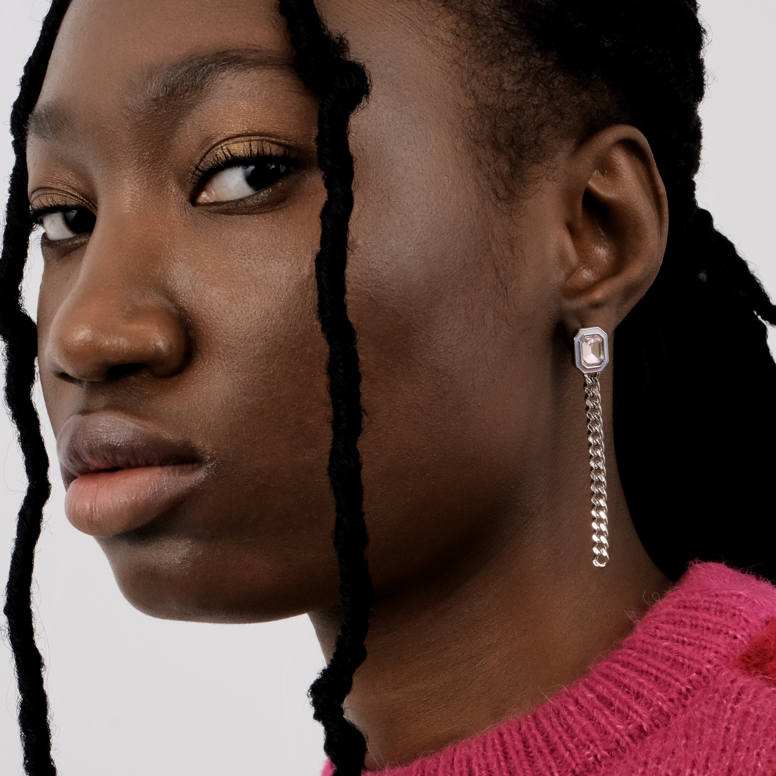 earrings with pink crystals and enamel and asymmetric chain pendants