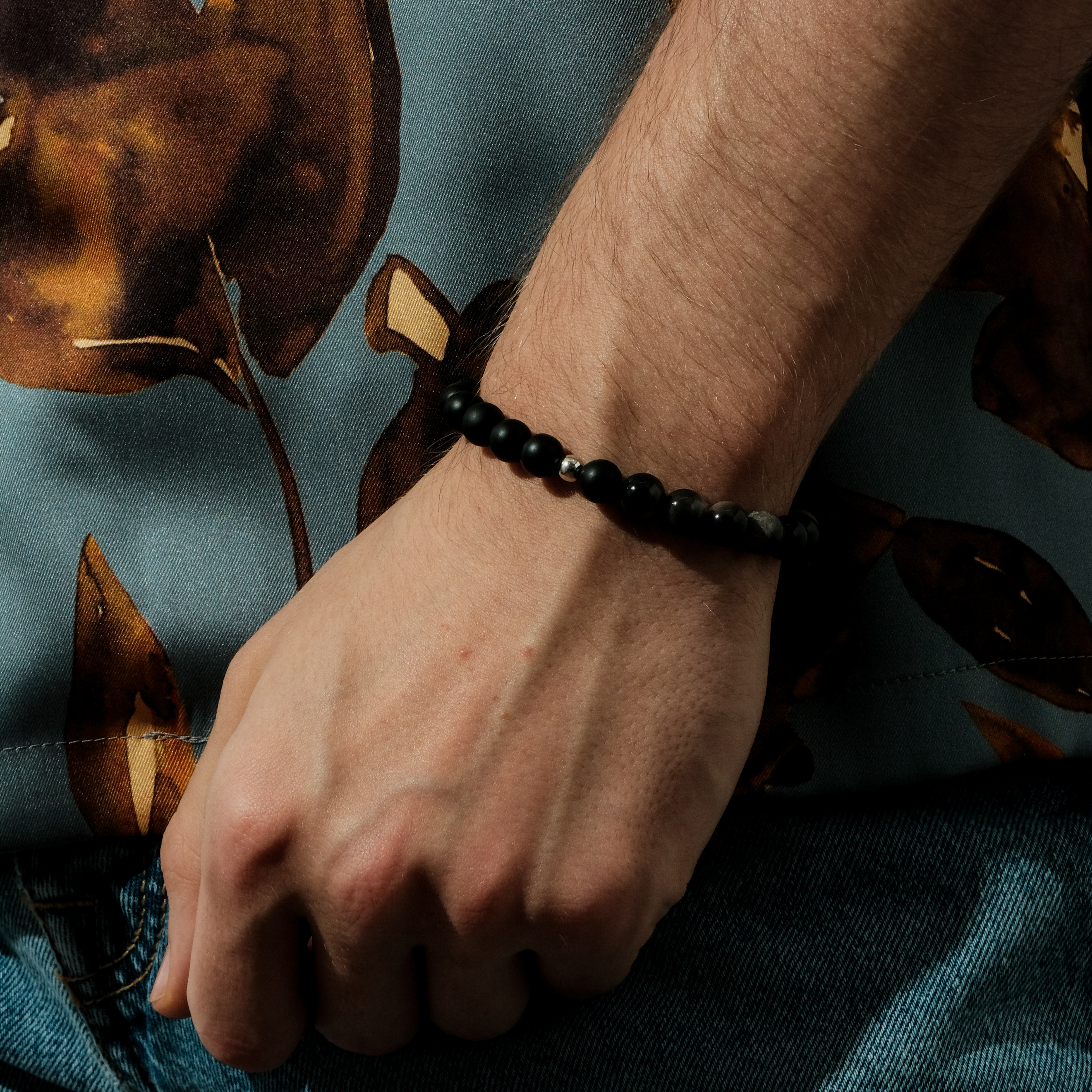 Bracelet made of agate and grey obsidian Ø8mm