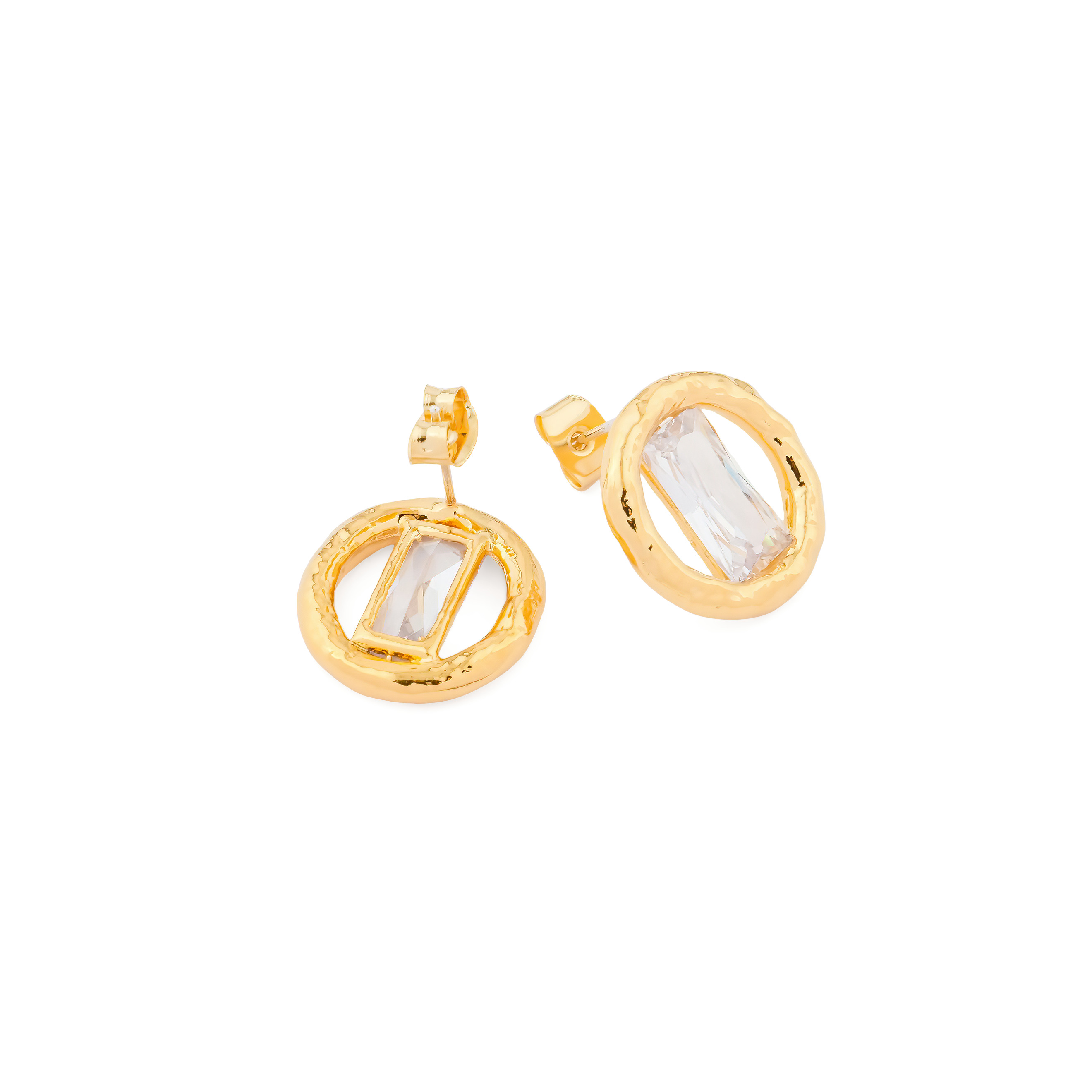 textured Circle Earrings with crystal cut baguette
