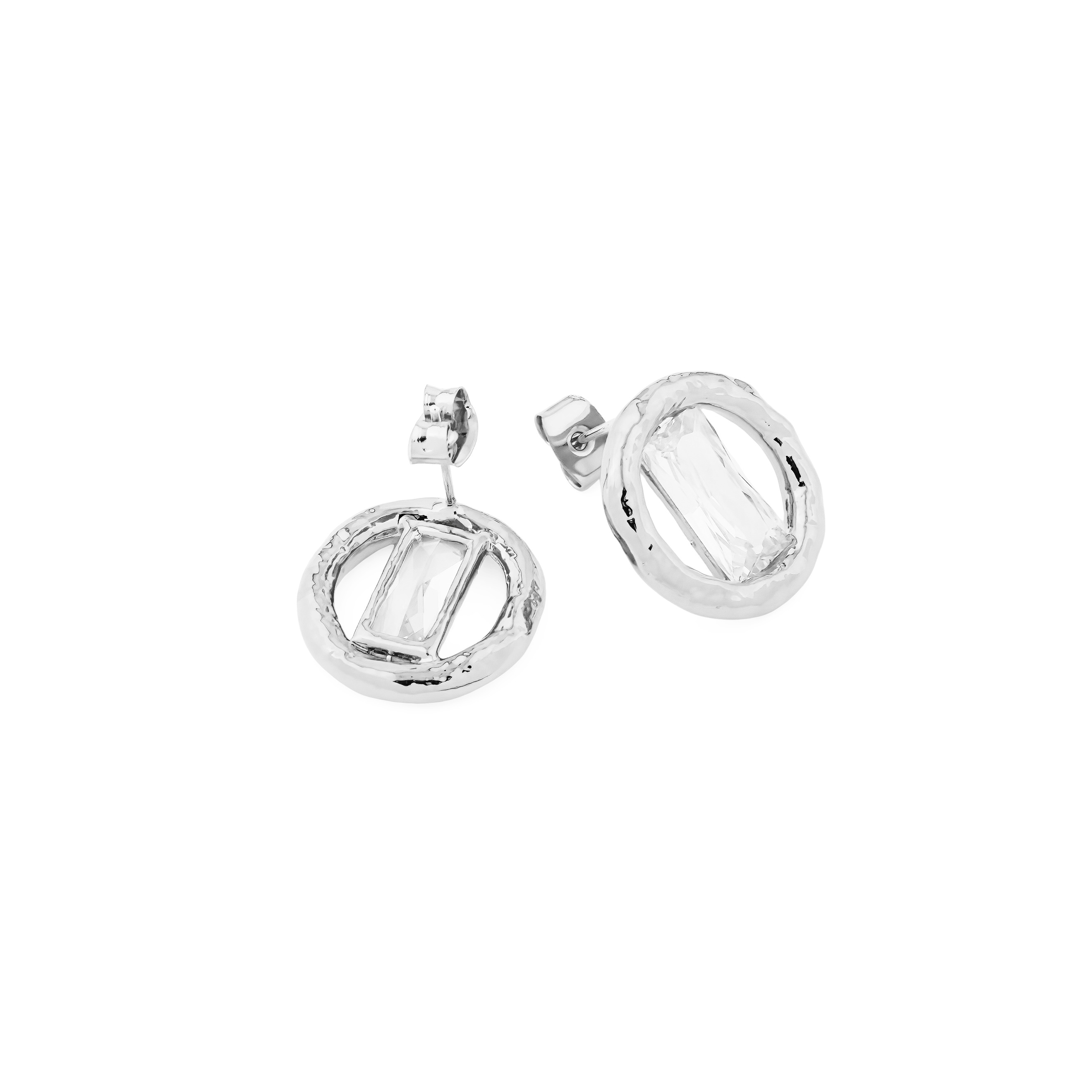 Textured Circle Earrings with crystal cut baguette