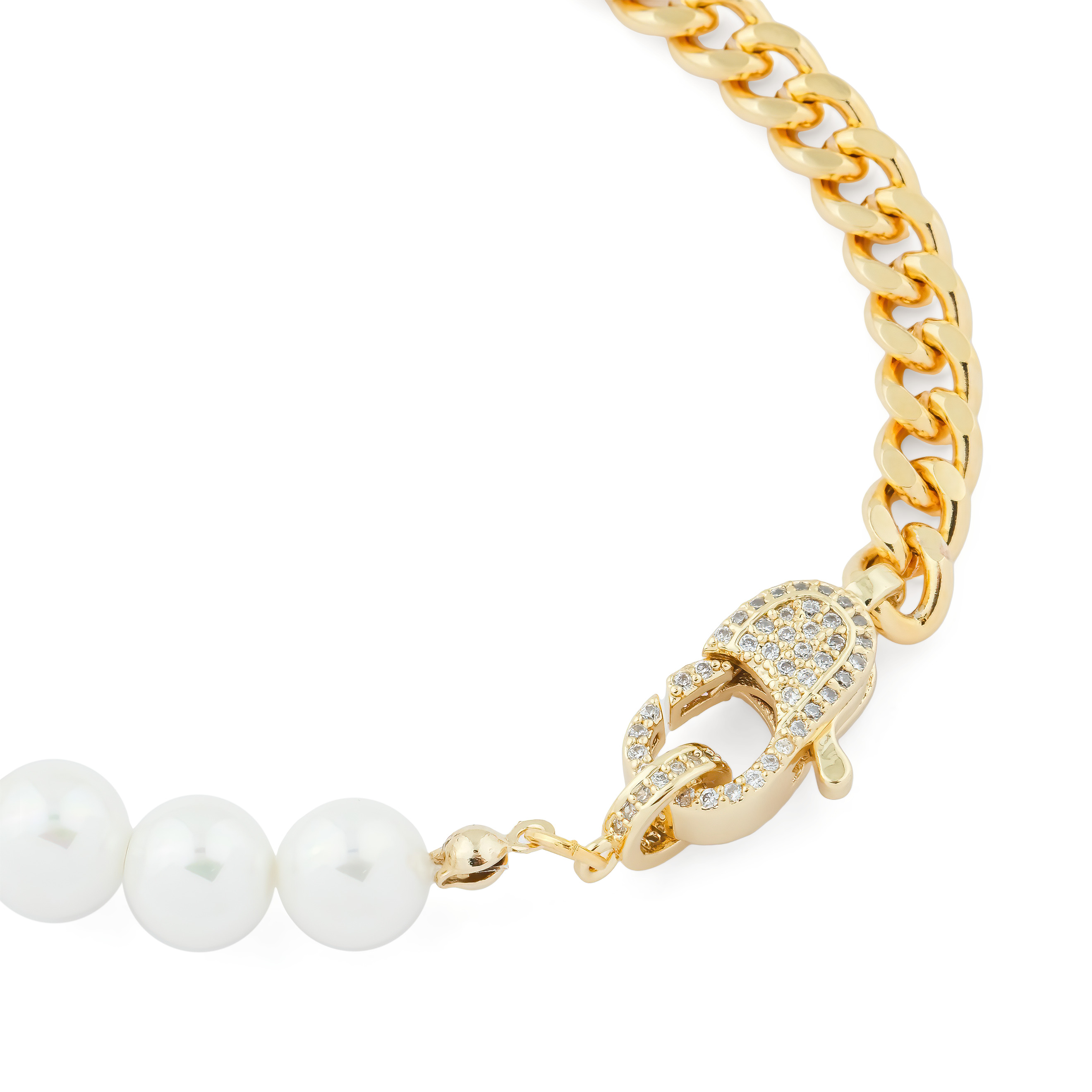 chain bracelet with imitation pearls and peacock on the lock