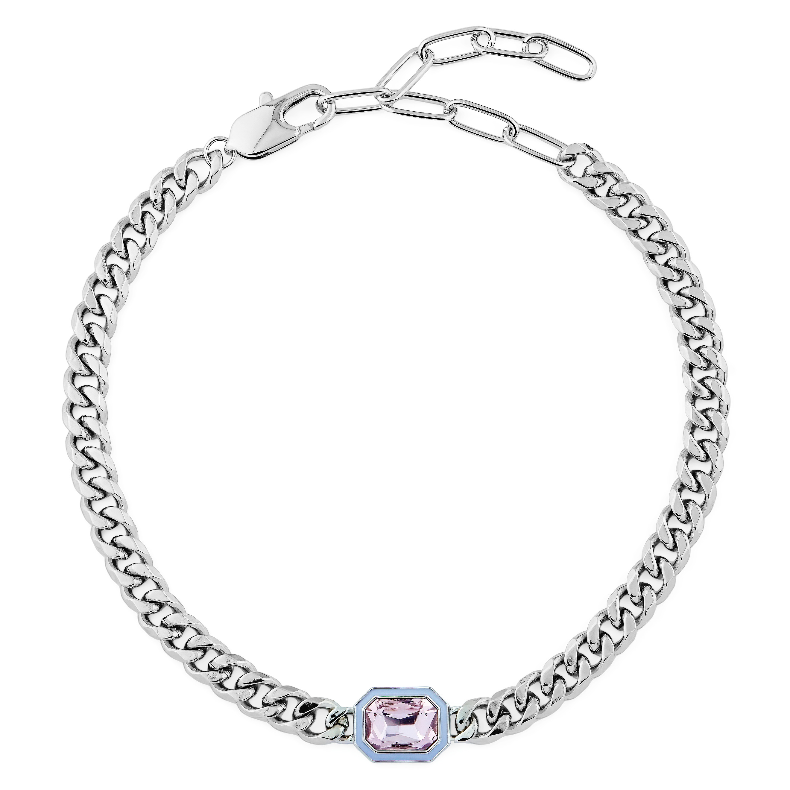 Necklace made of a large-weave chain and with a pink insert