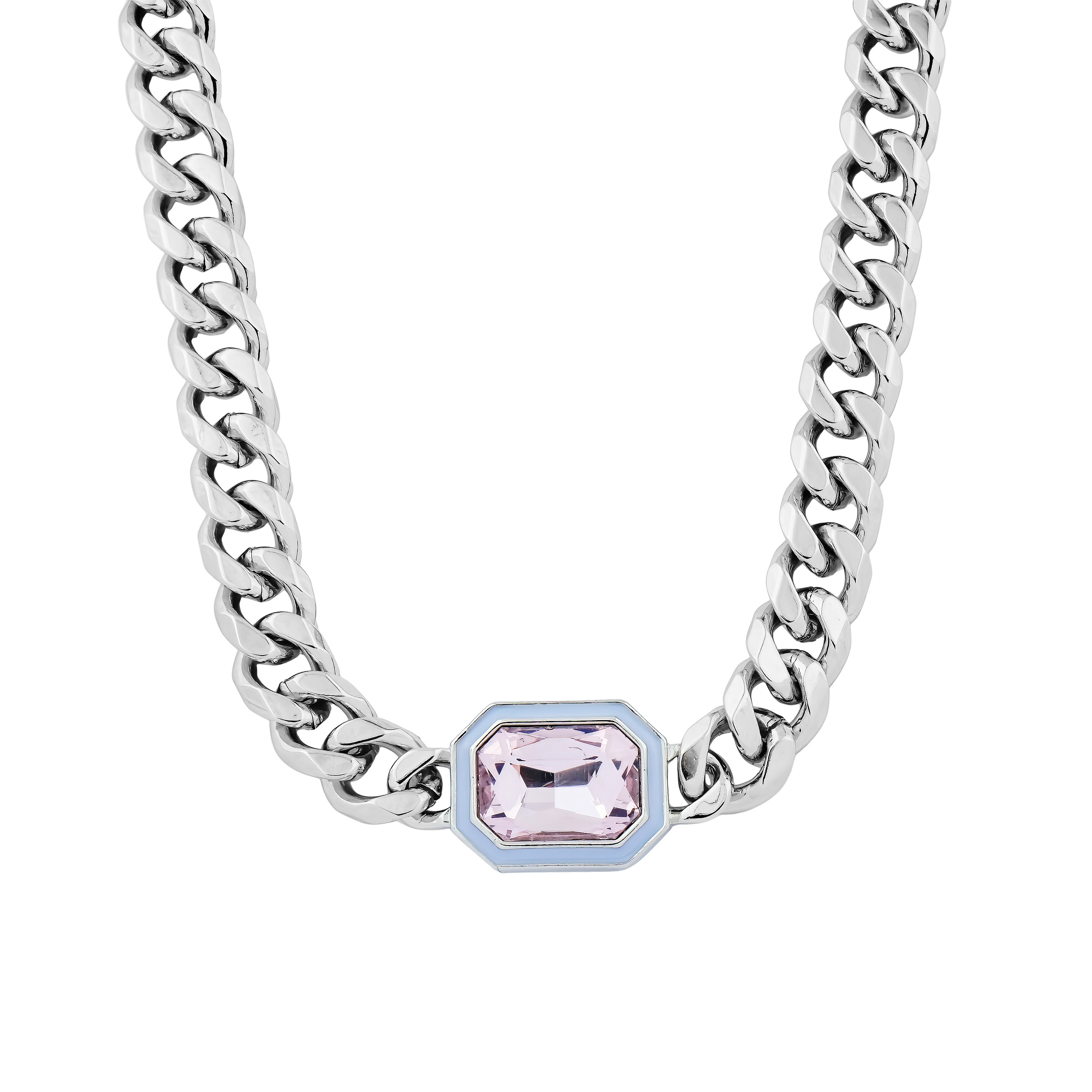 Necklace made of a large-weave chain and with a pink insert