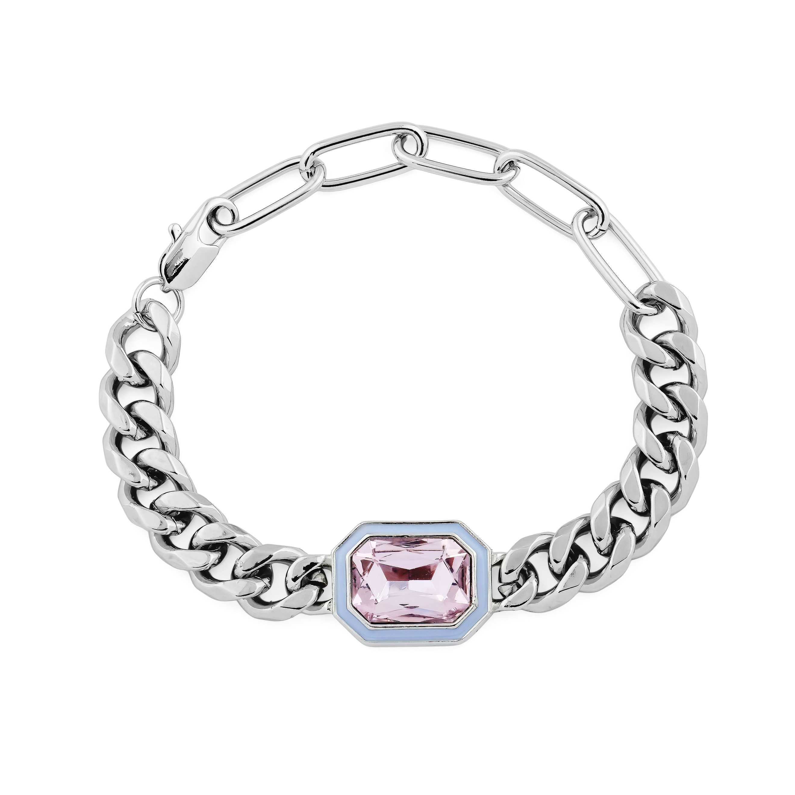Silver bracelet made of a large weave chain and with a pink insert