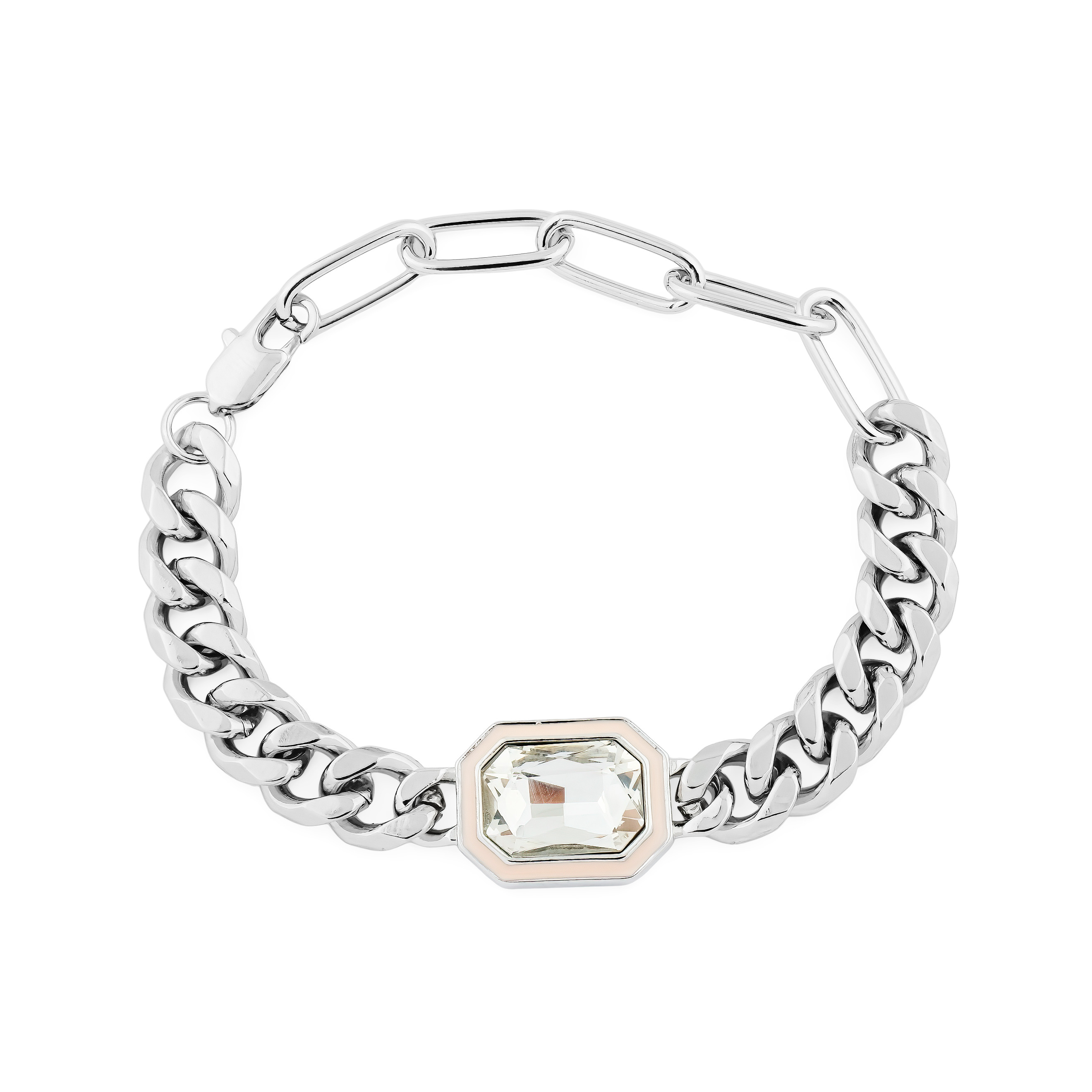 Silver bracelet made of a large weave chain and with a transparent insert