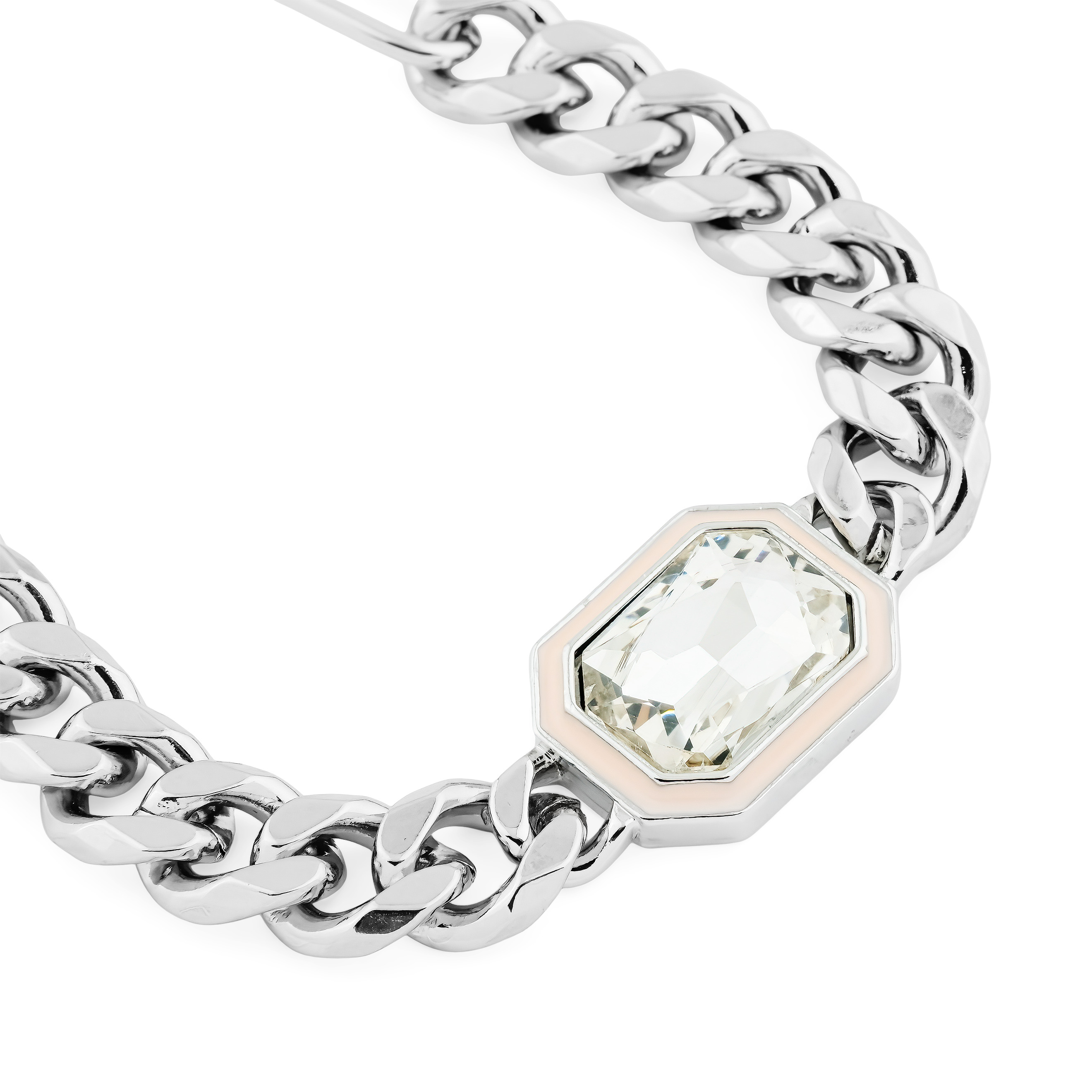 Silver bracelet made of a large weave chain and with a transparent insert
