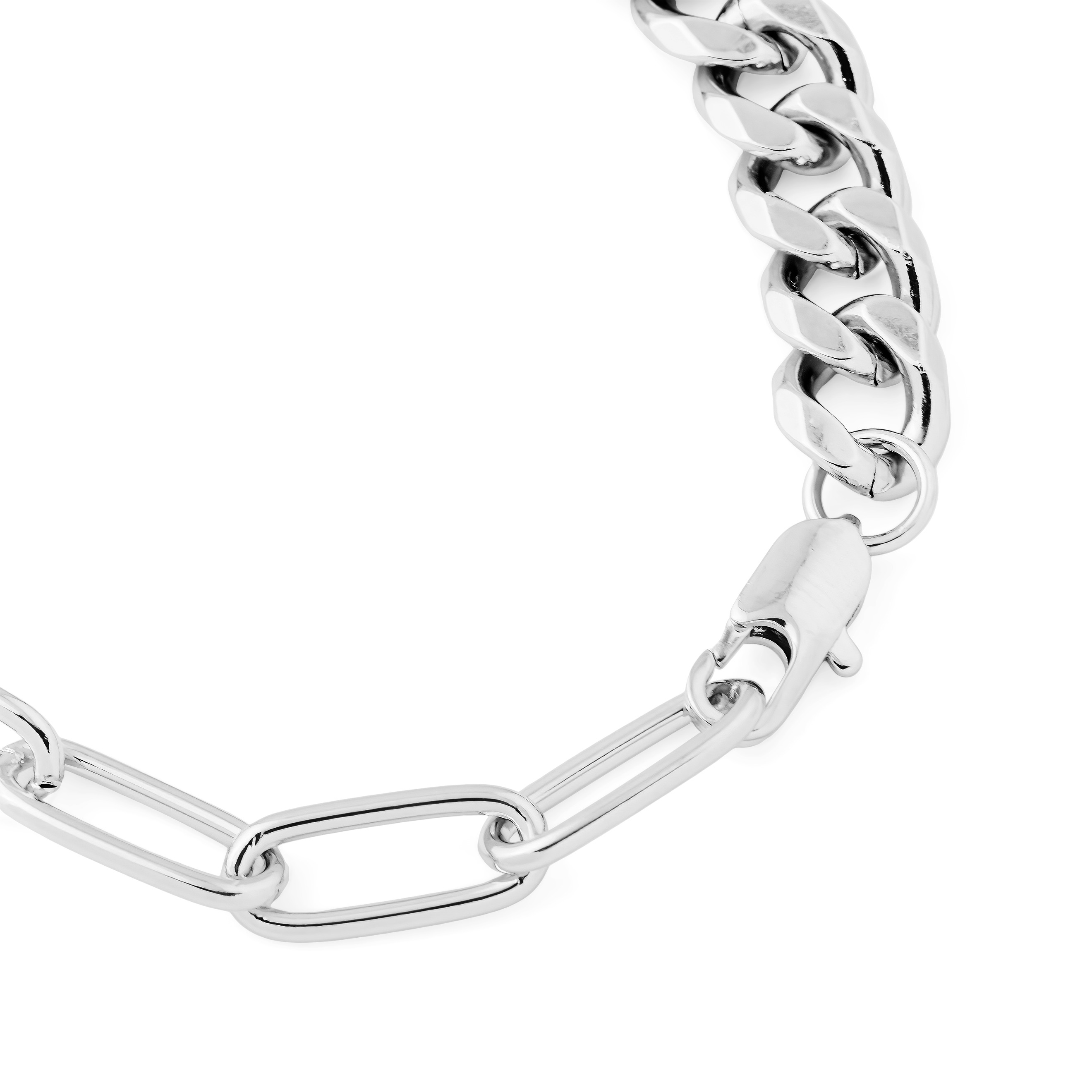 Silver bracelet made of a large weave chain and with a transparent insert