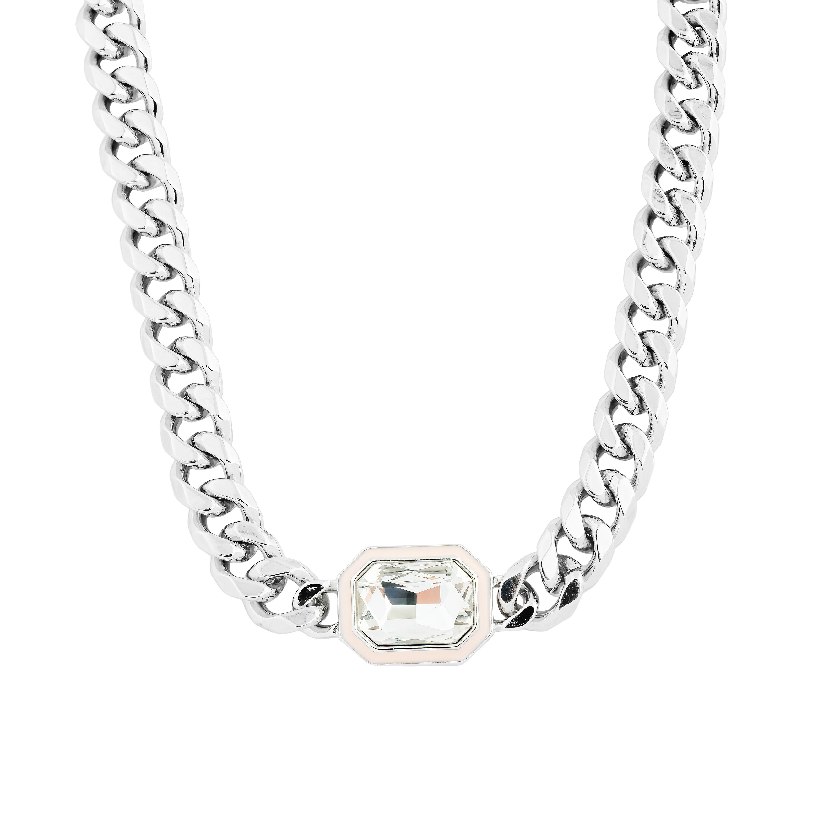 Necklace made of a chain of large weave and with a transparent insert