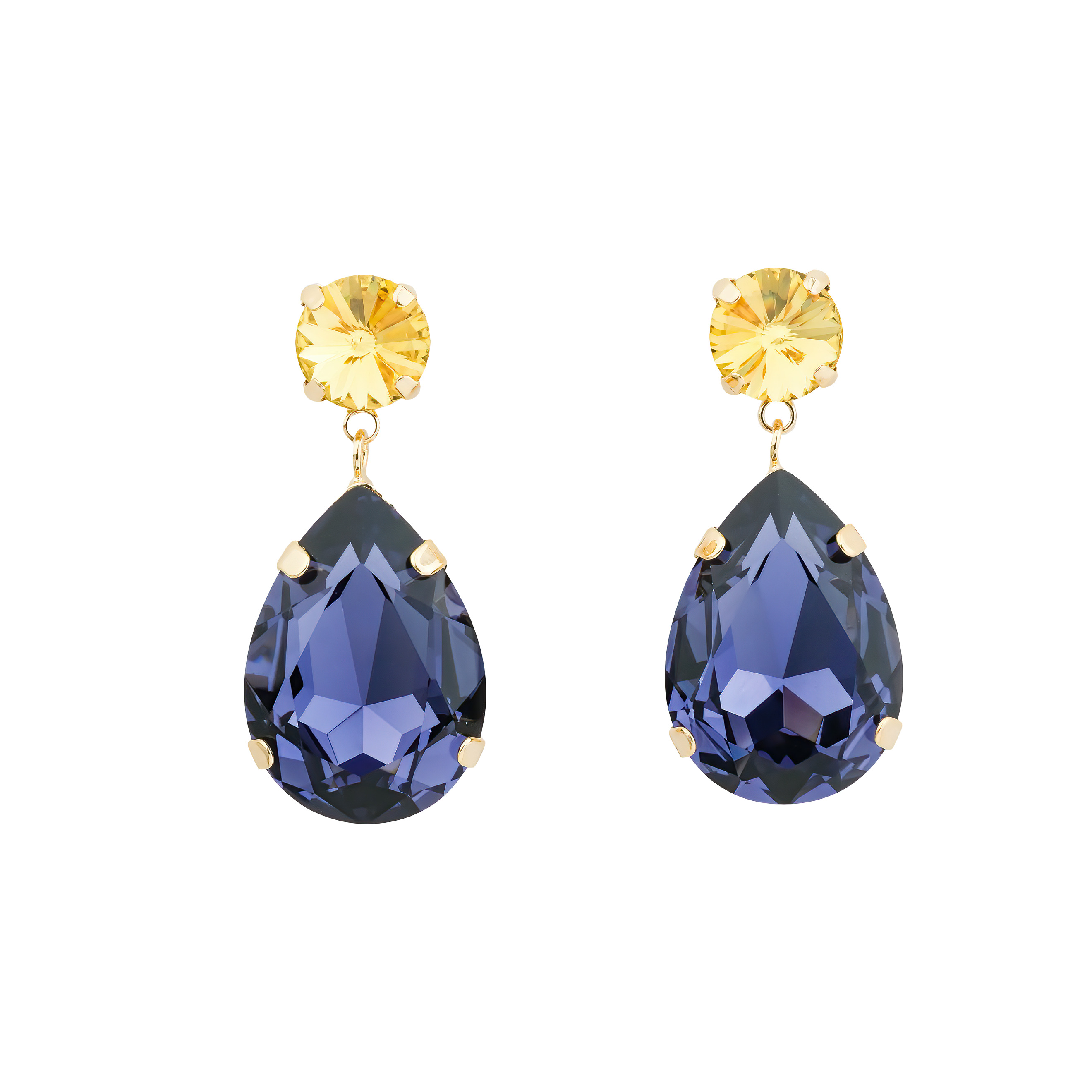 Earrings with large blue and yellow crystals