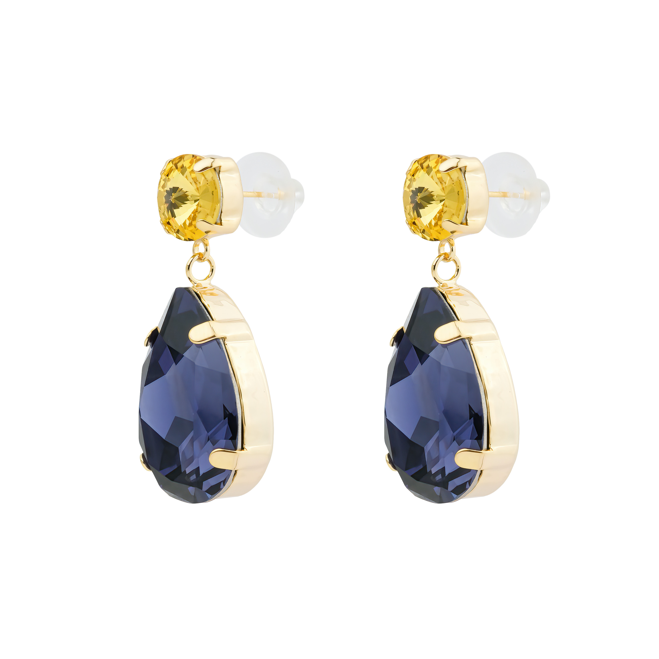 Earrings with large blue and yellow crystals