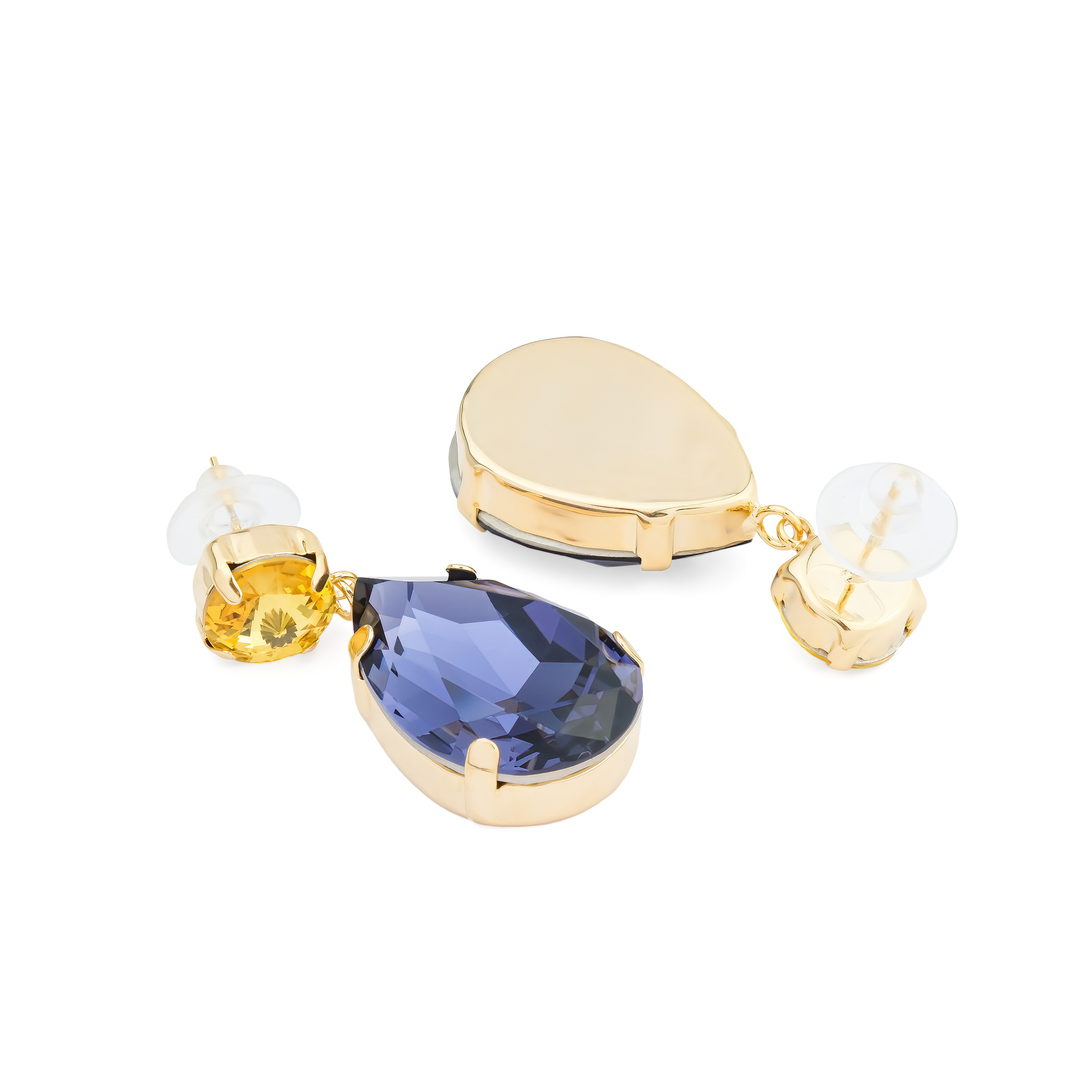 Earrings with large blue and yellow crystals