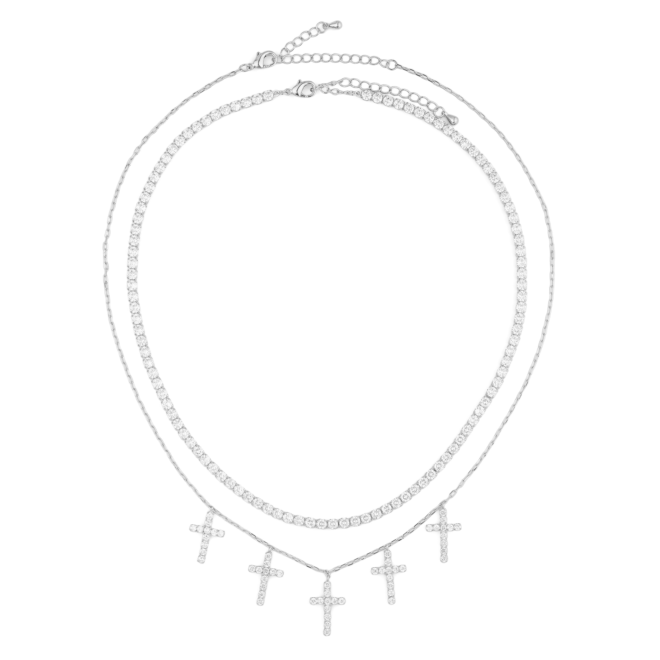 multi-layered necklace with crystals and pendants in the form of crosses
