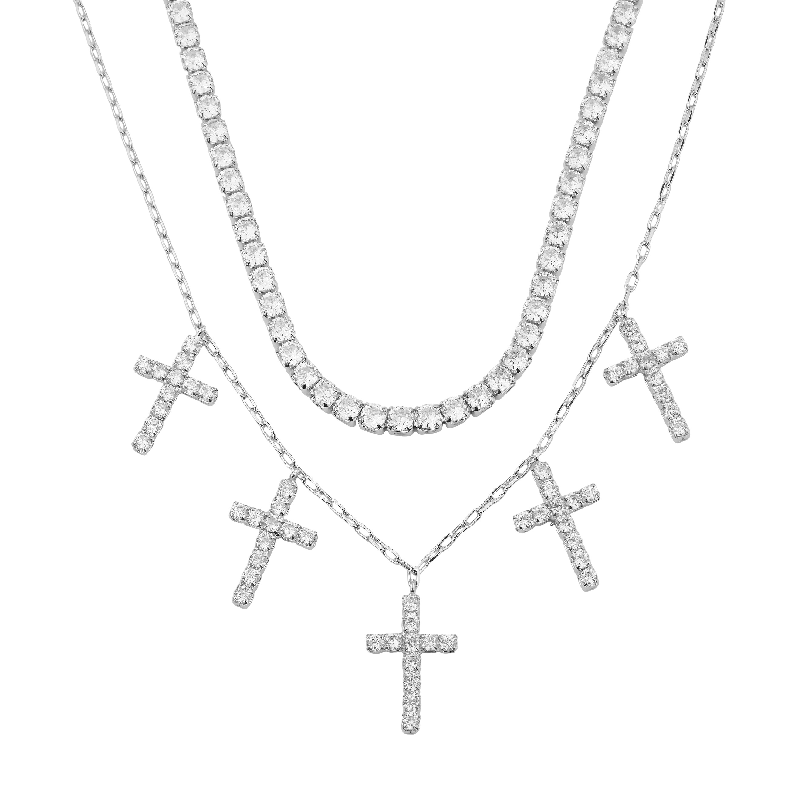 multi-layered necklace with crystals and pendants in the form of crosses