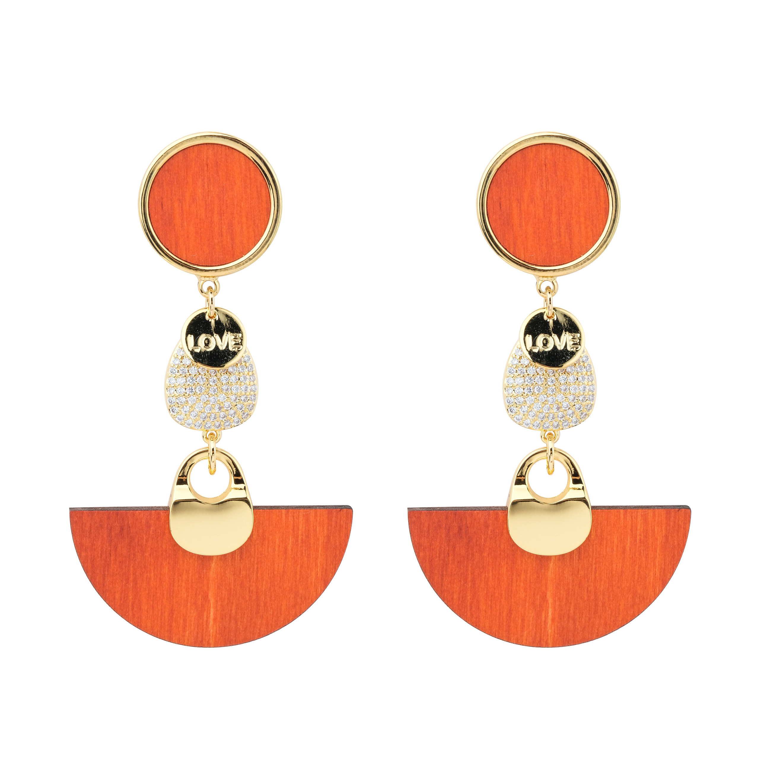 earrings with orange wooden inserts and crystals