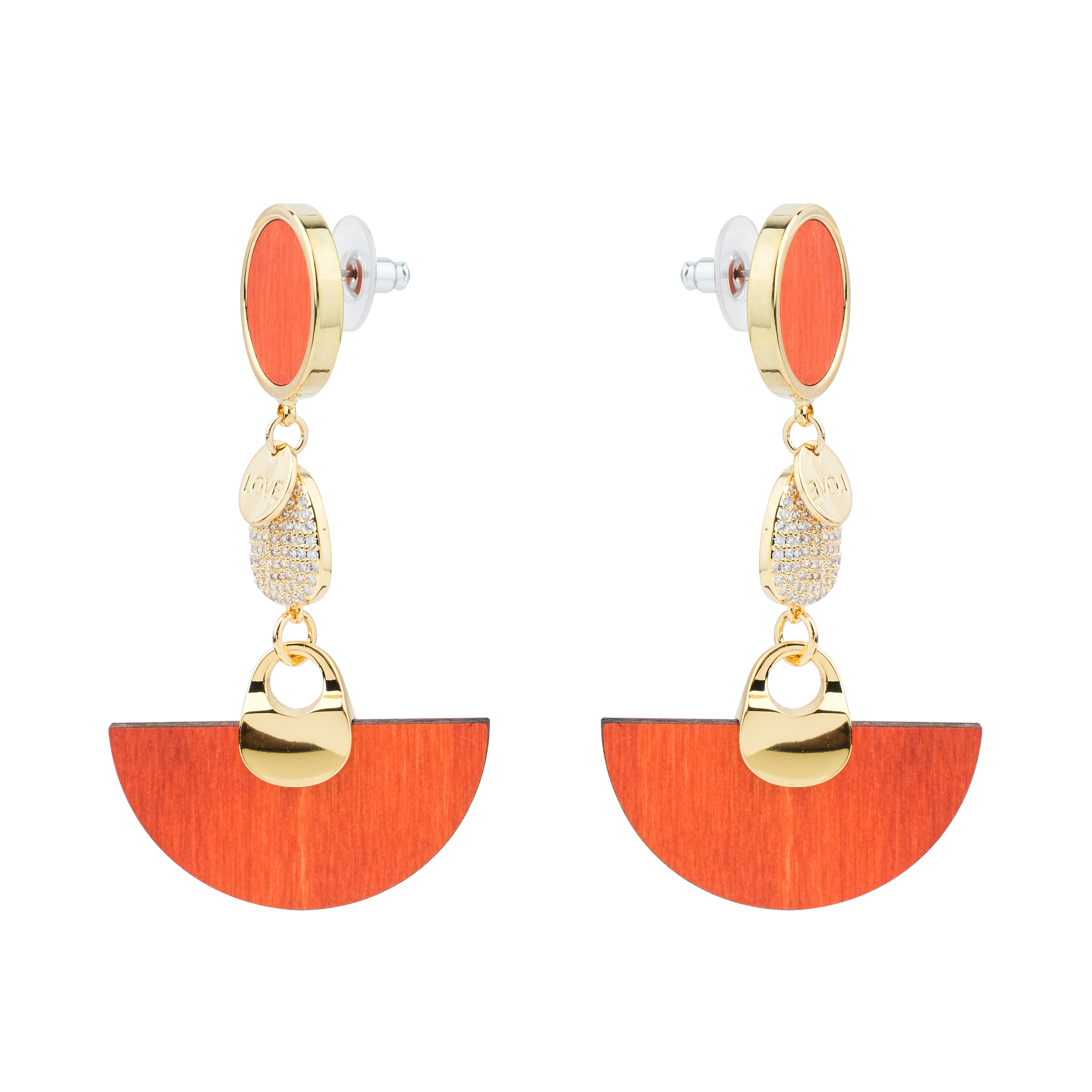 earrings with orange wooden inserts and crystals