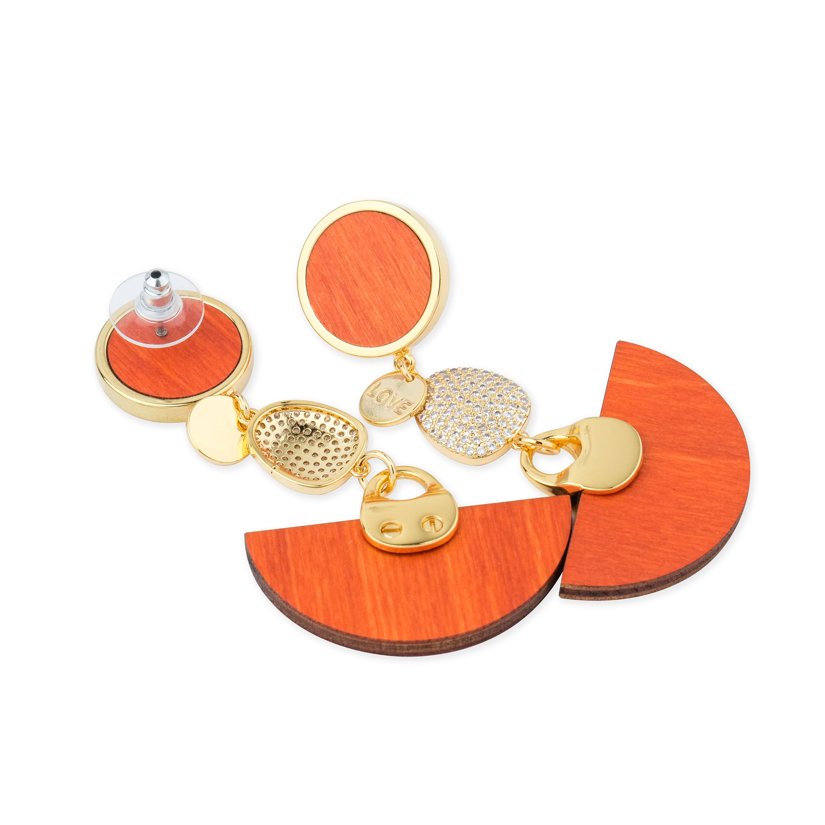 earrings with orange wooden inserts and crystals