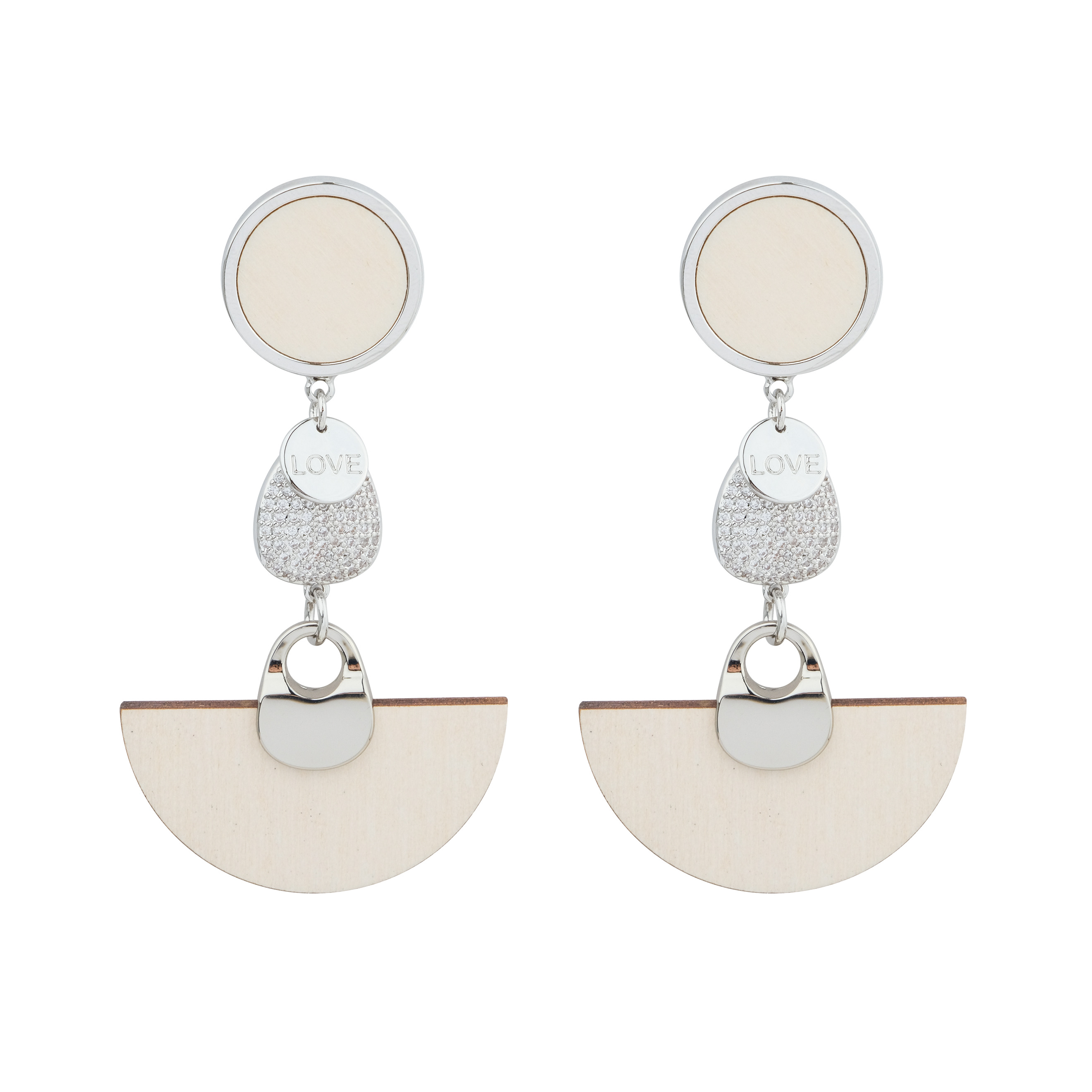 earrings with beige wooden inserts and crystals