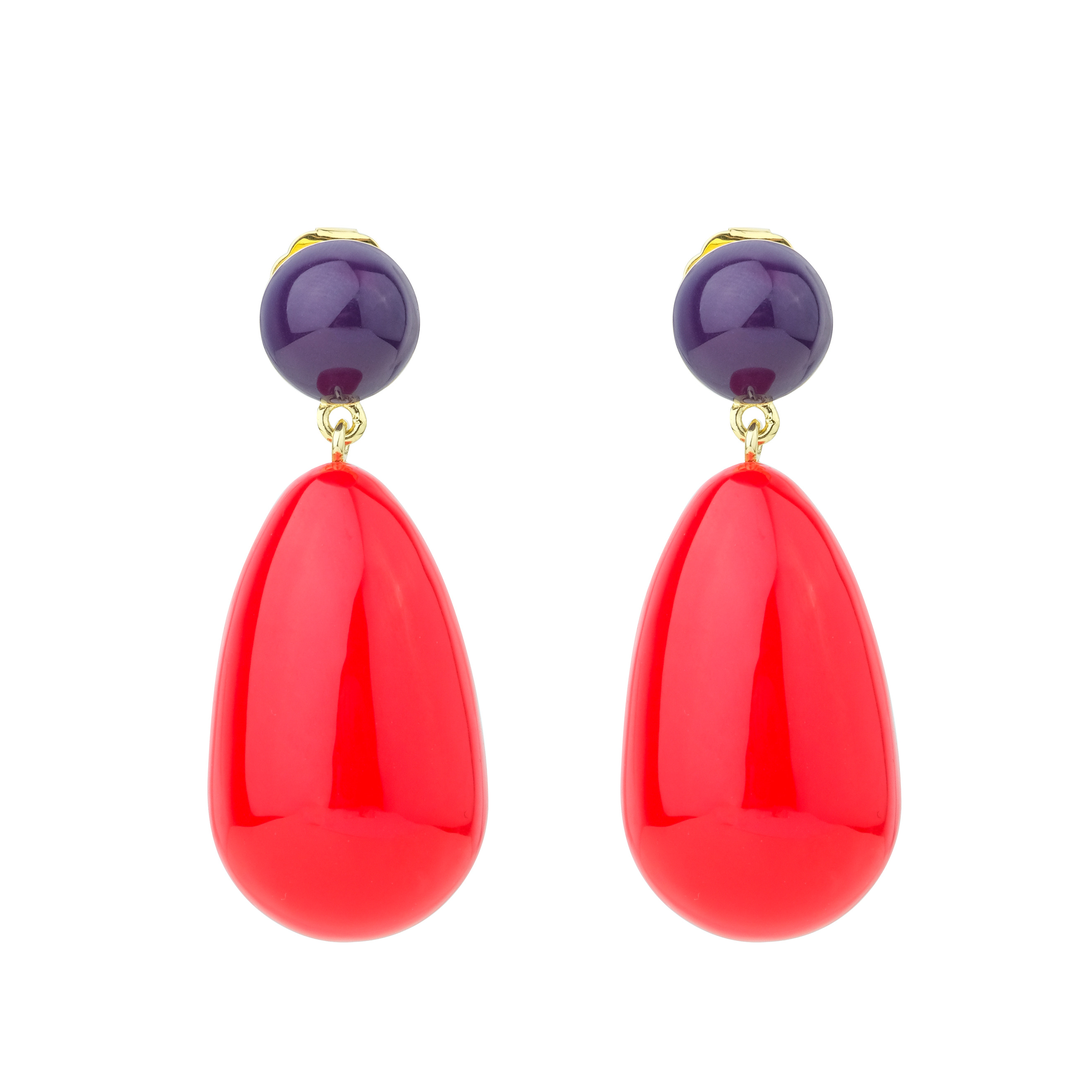 Gold-plated earrings with red and purple enamel