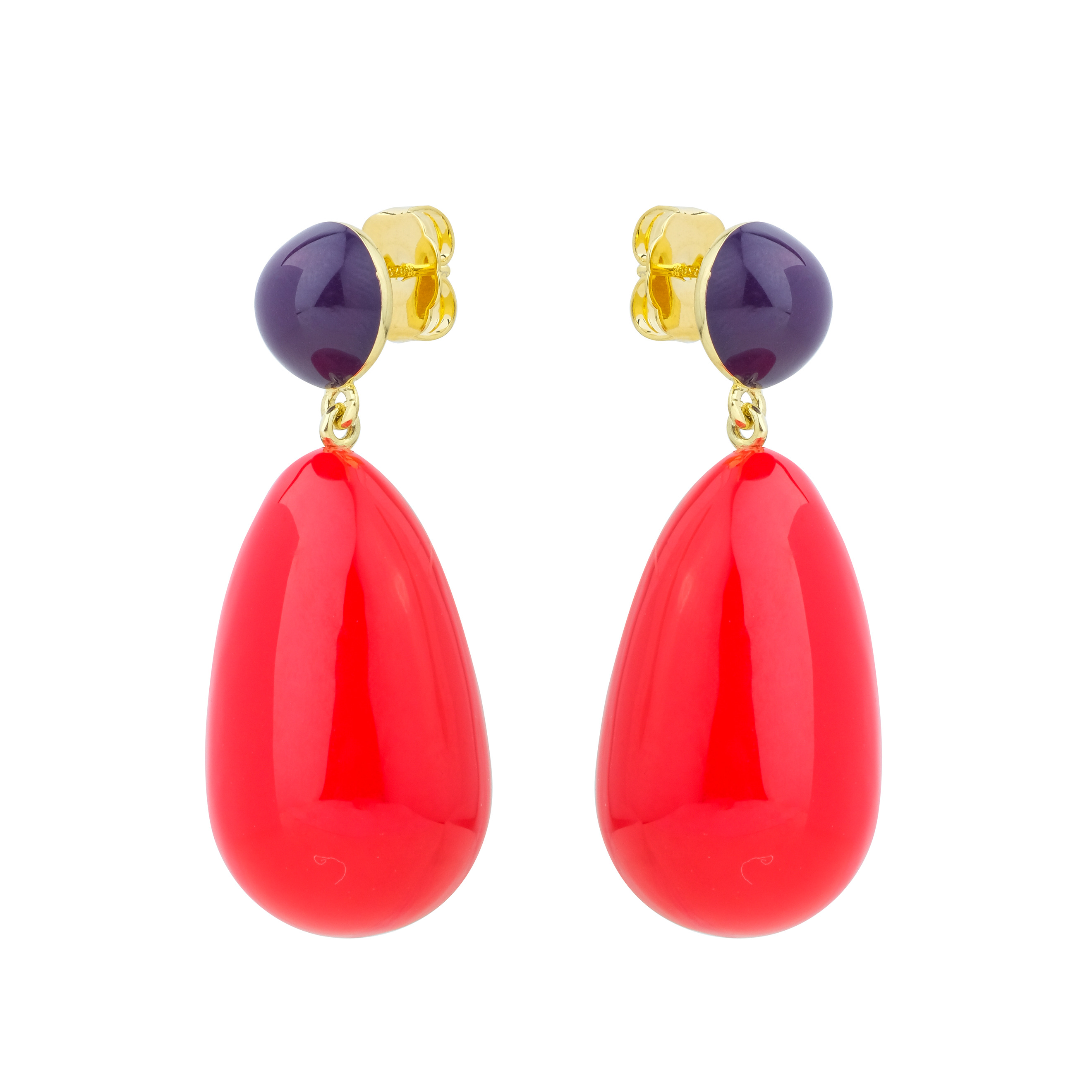 Gold-plated earrings with red and purple enamel