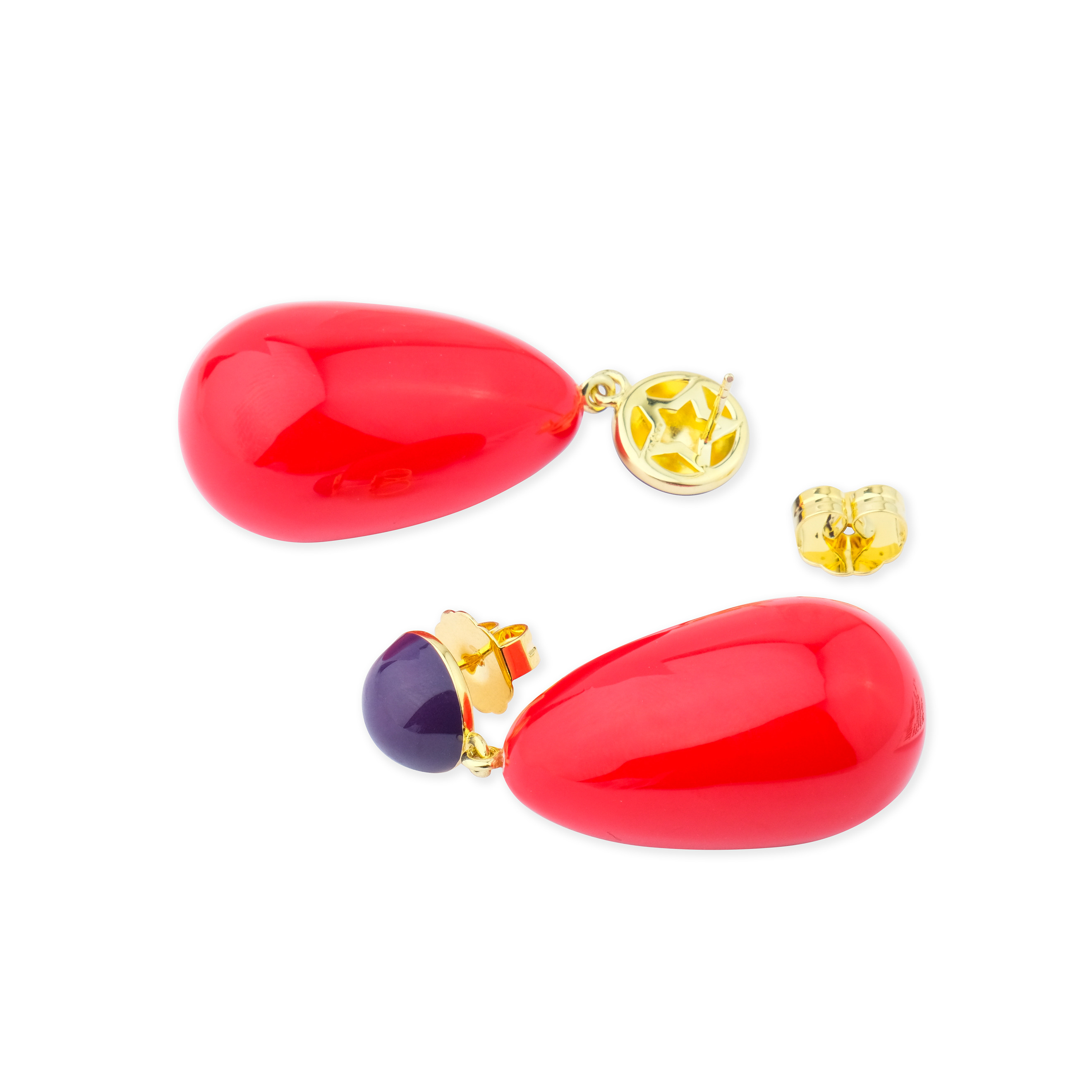 Gold-plated earrings with red and purple enamel