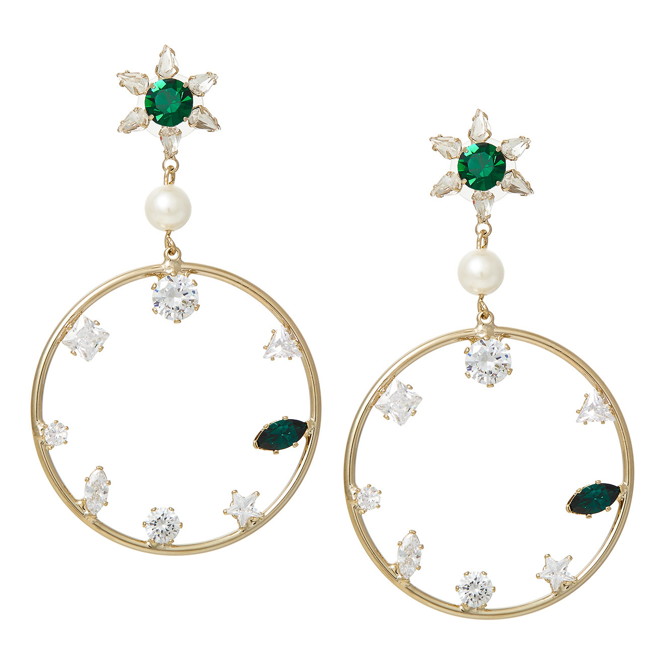 hoop earrings with white and green crystals