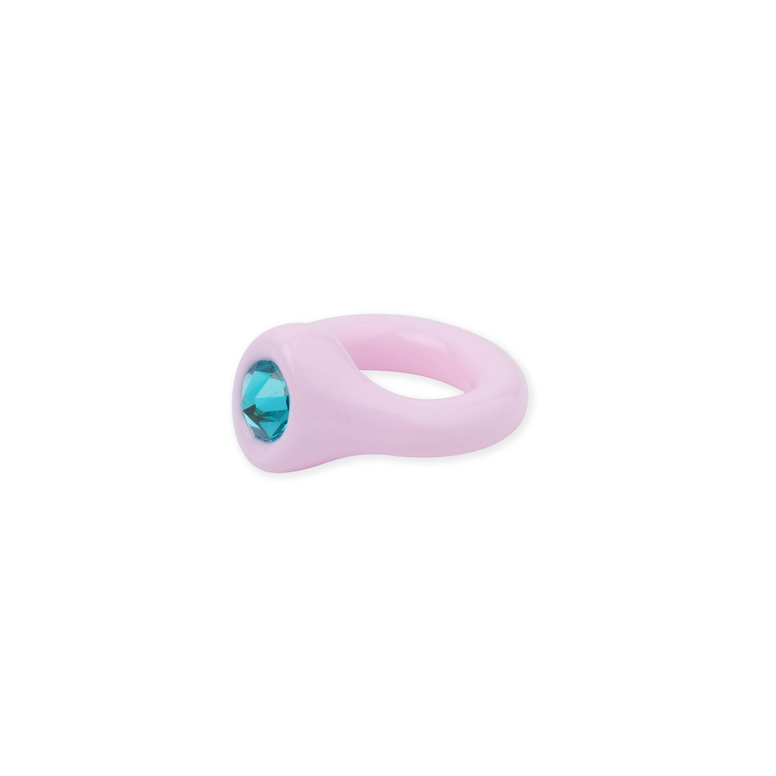 light pink polymer clay ring with blue crystal