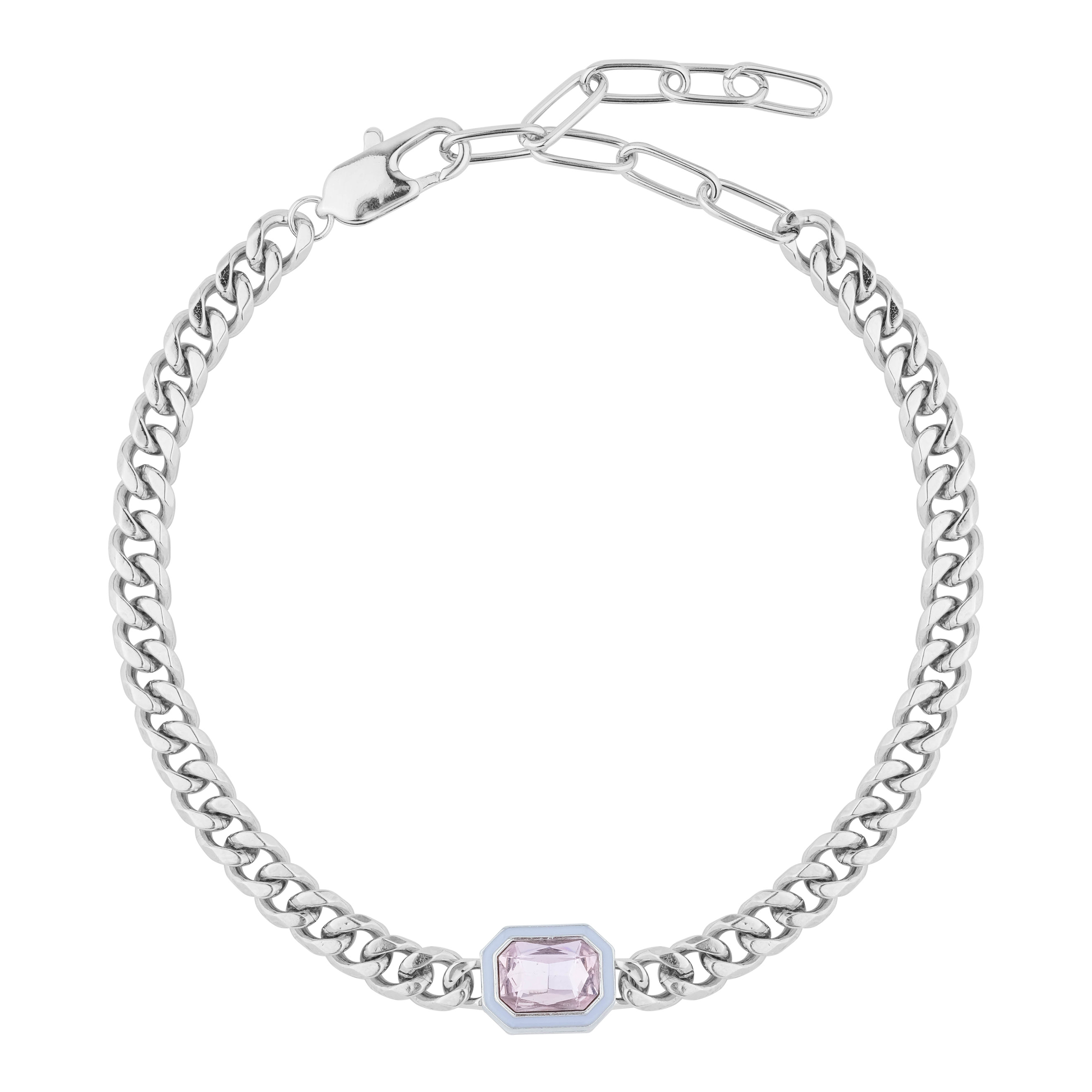 Necklace made of a large-weave chain and with a pink insert