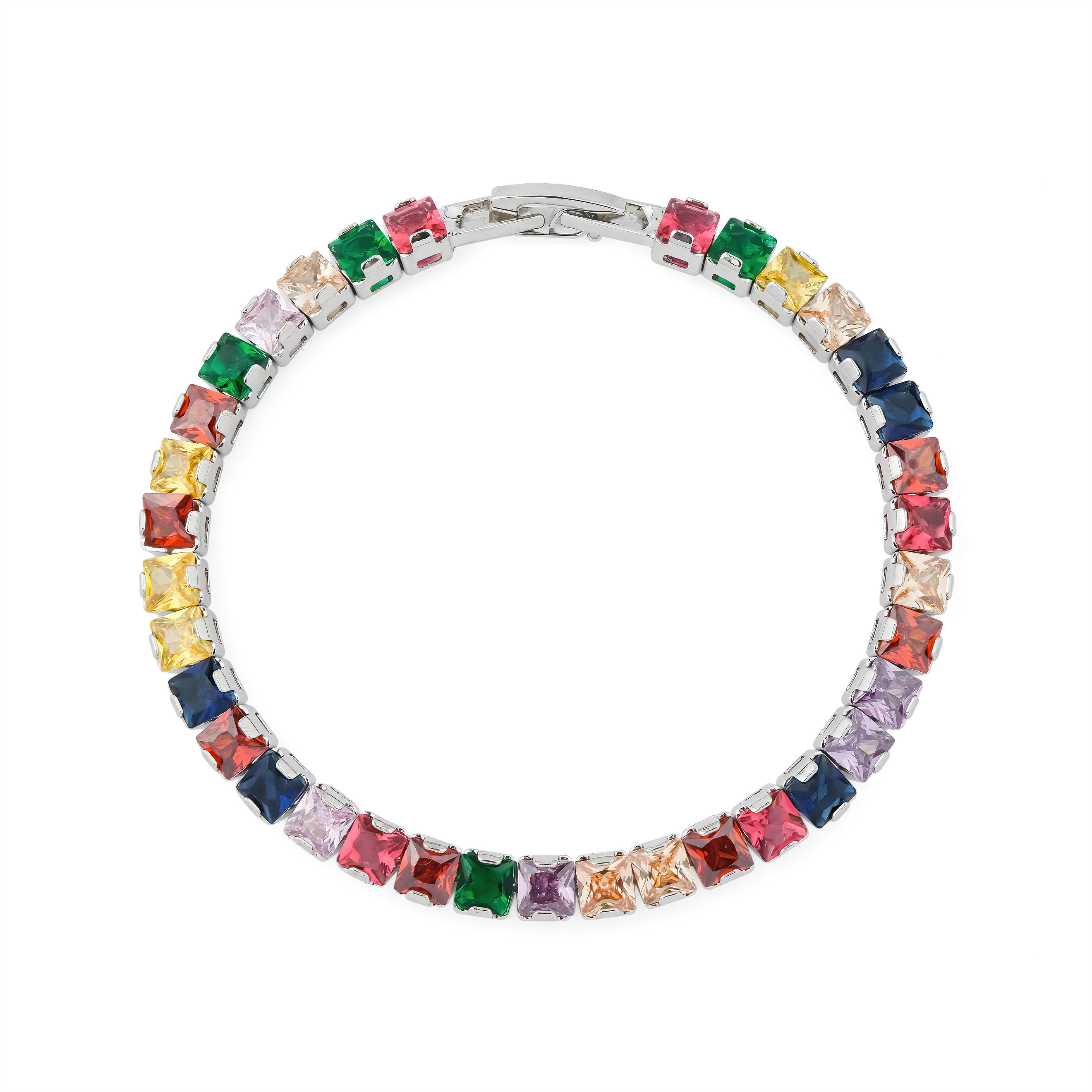 Tennis bracelet with multicolored square crystals