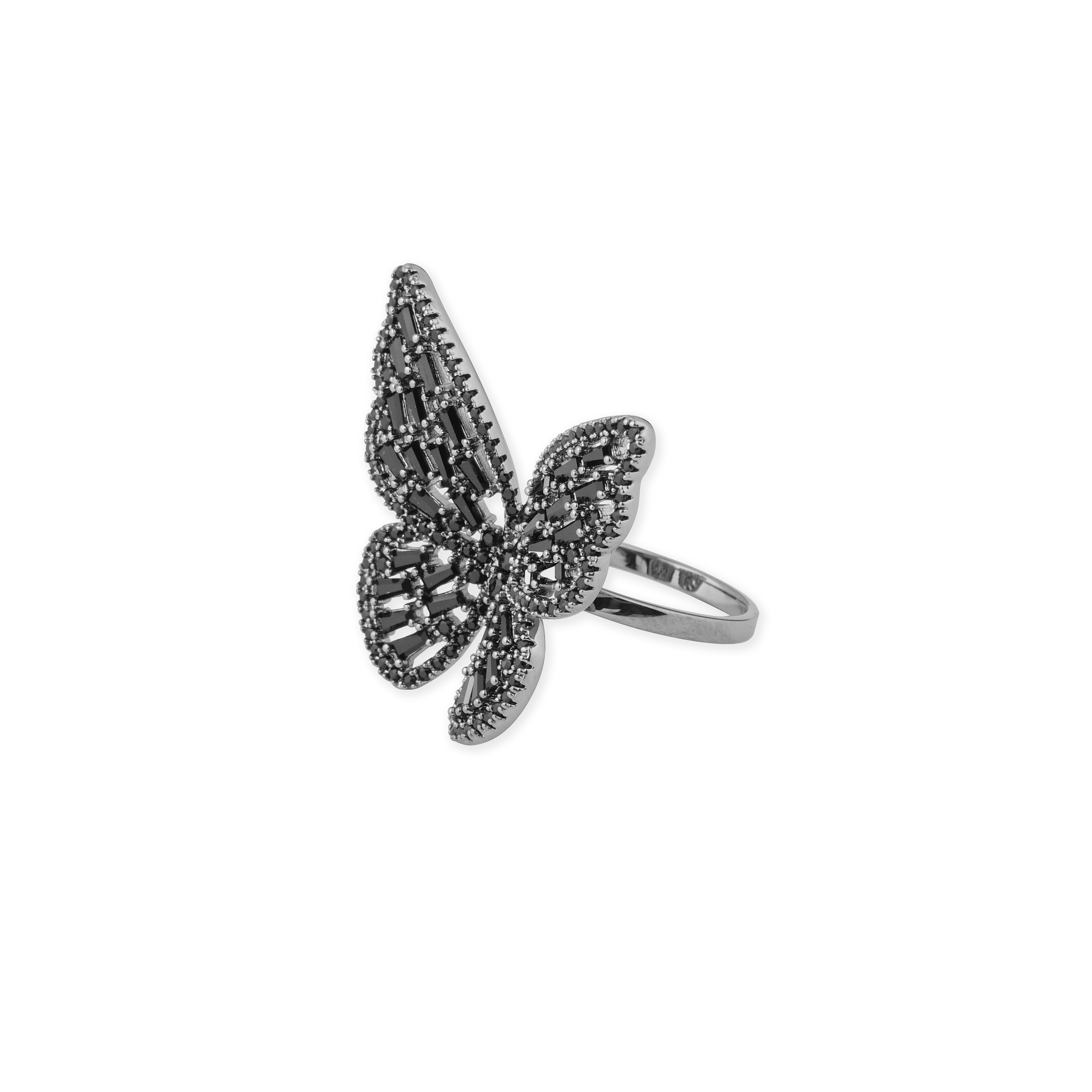 Blackened butterfly ring with crystals