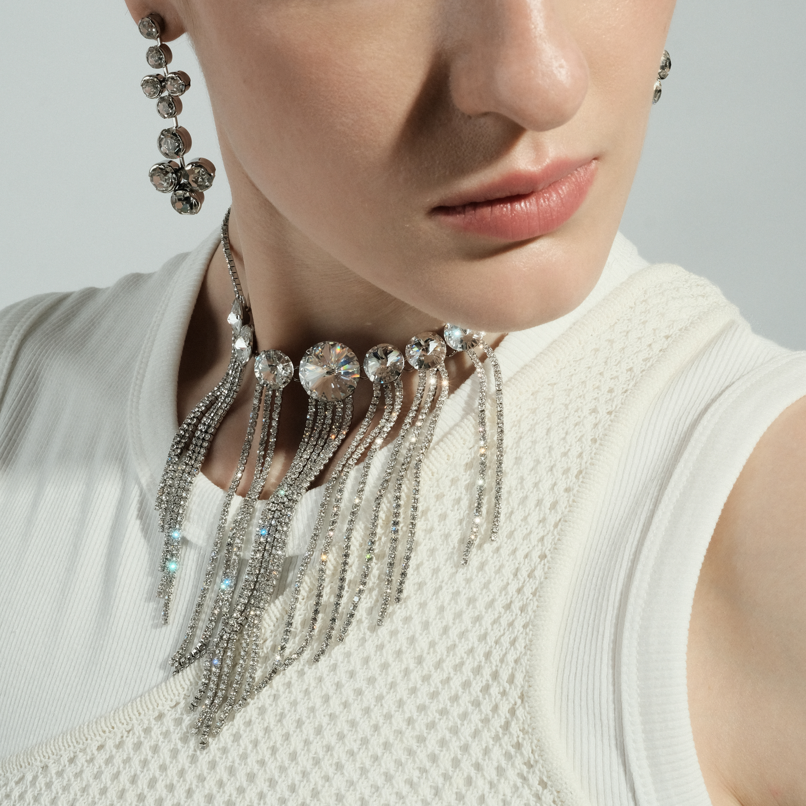 Tennis Necklace with Large round Crystals and Pendants -Pavй