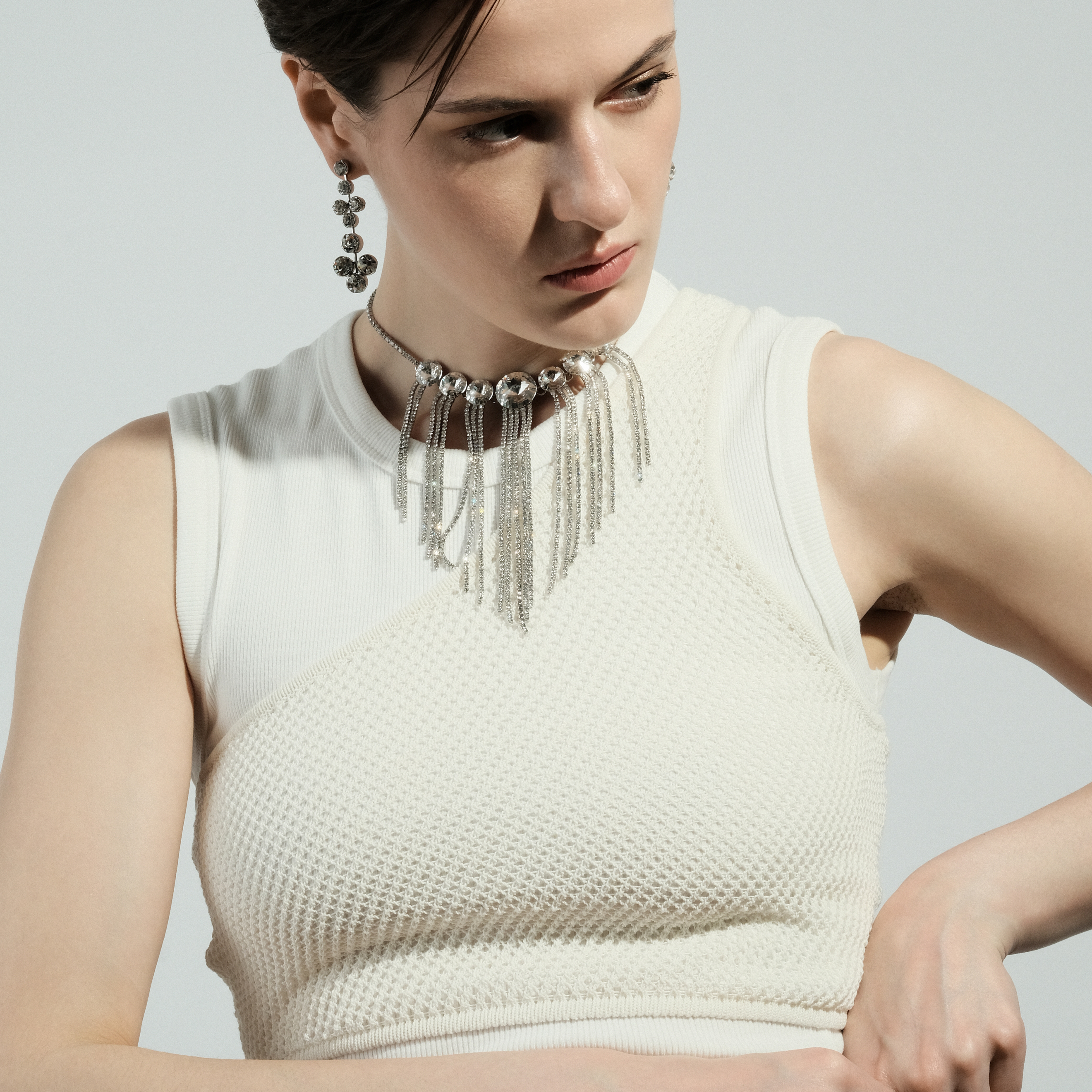 Tennis Necklace with Large round Crystals and Pendants -Pavй