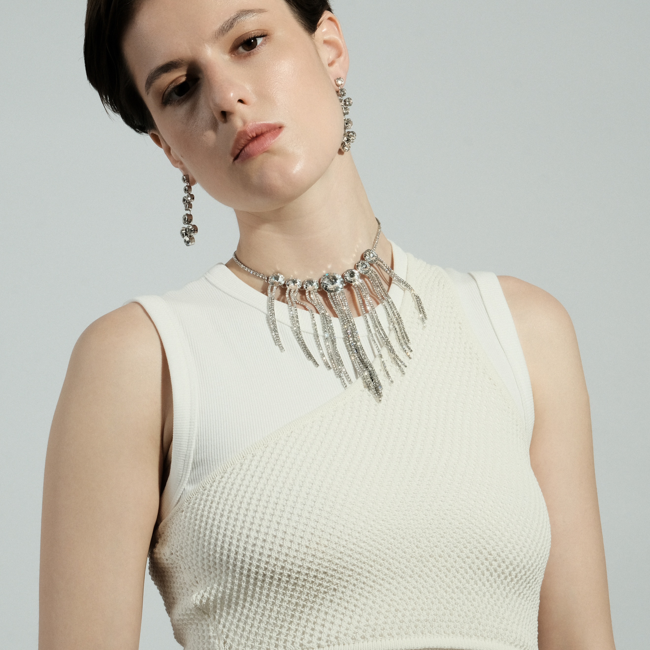 Tennis Necklace with Large round Crystals and Pendants -Pavй