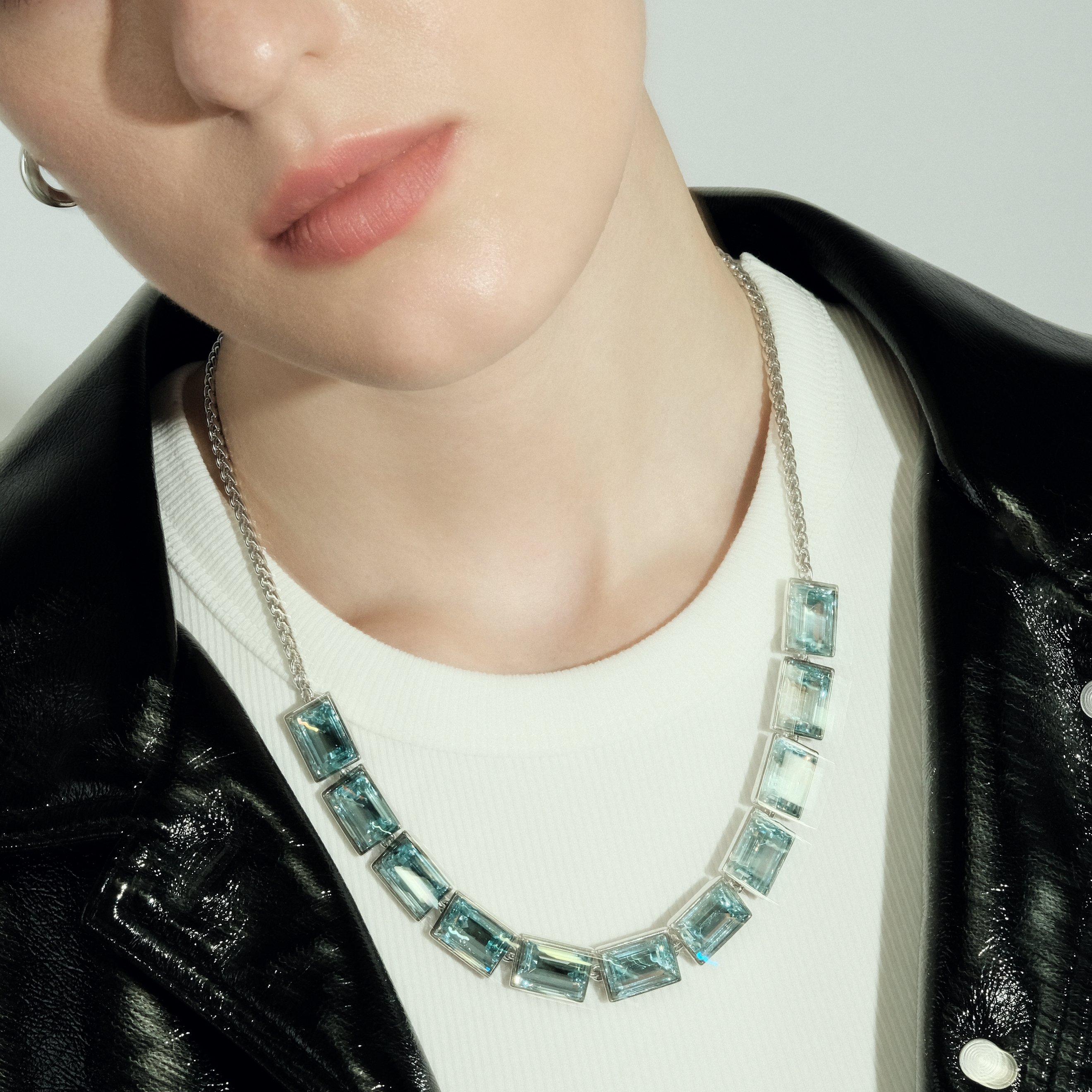 necklace with rectangular blue crystals