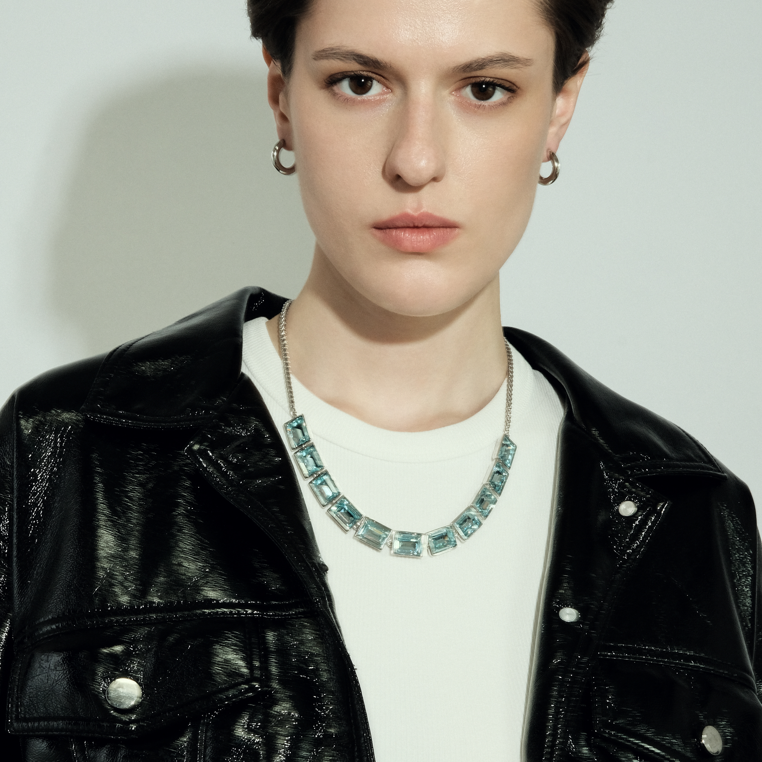 necklace with rectangular blue crystals