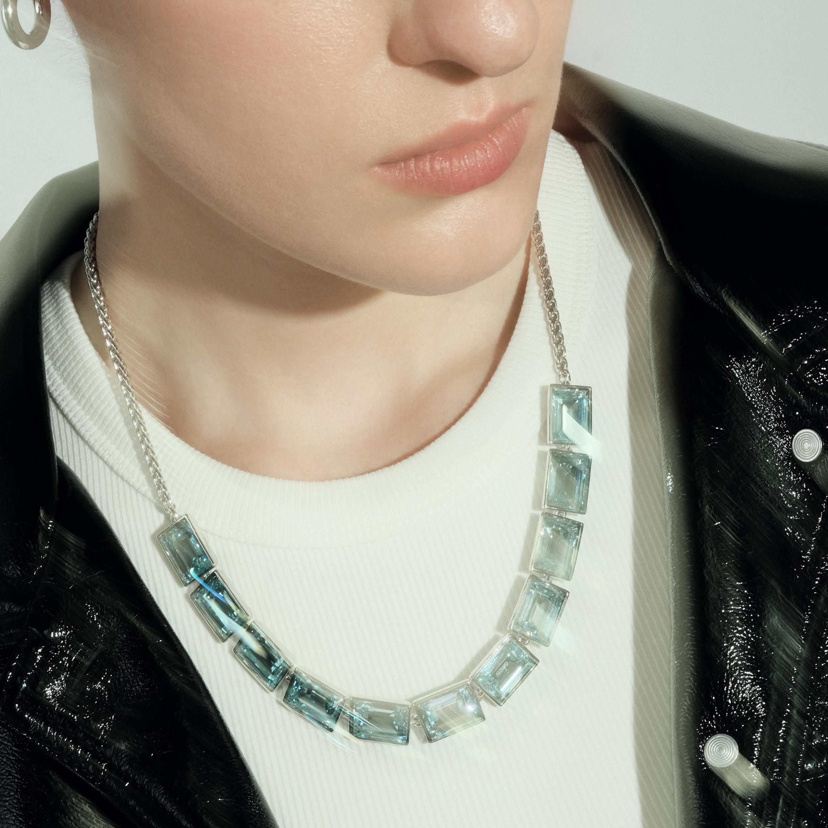 necklace with rectangular blue crystals