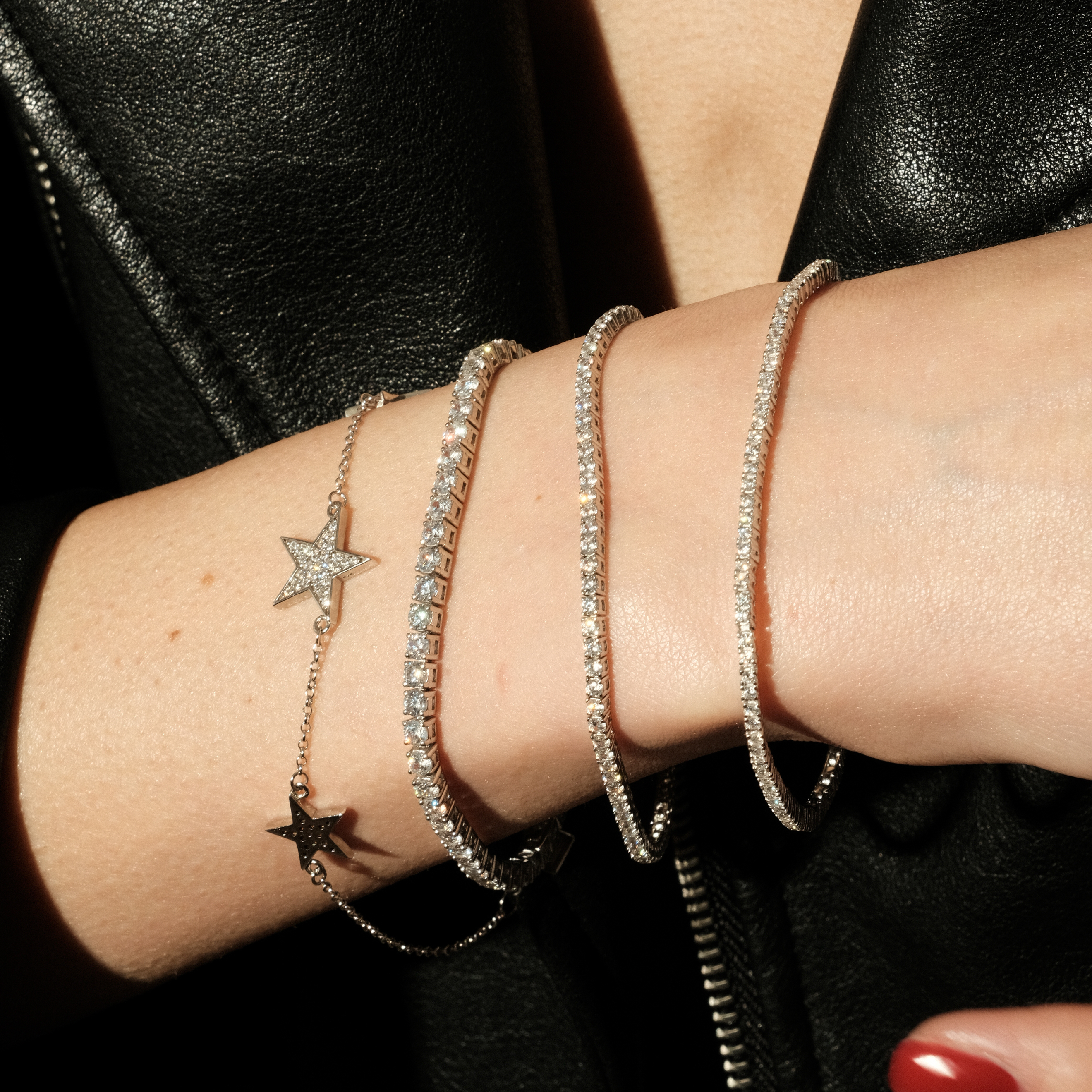 Silver bracelet with square large white crystals