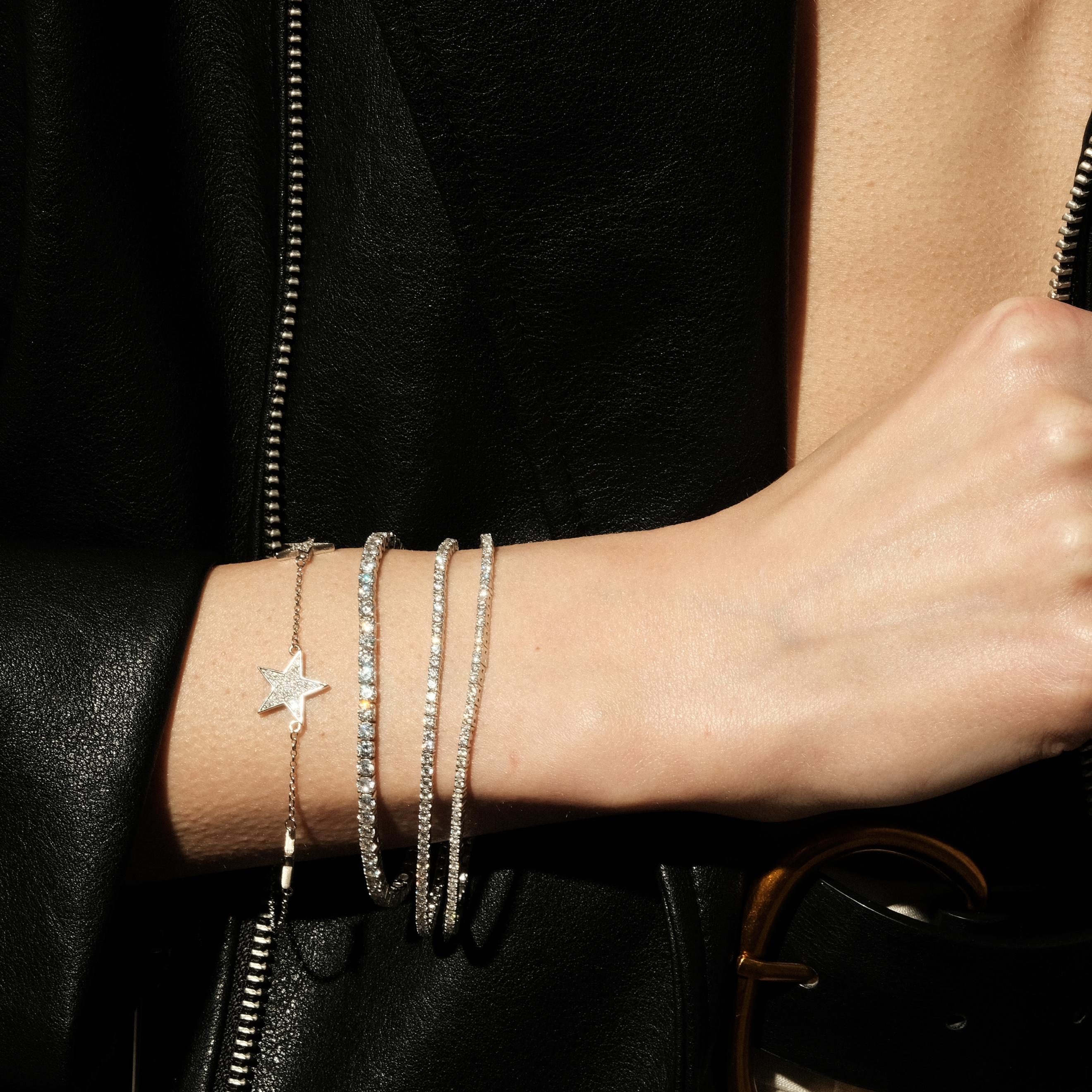 Silver bracelet with square large white crystals