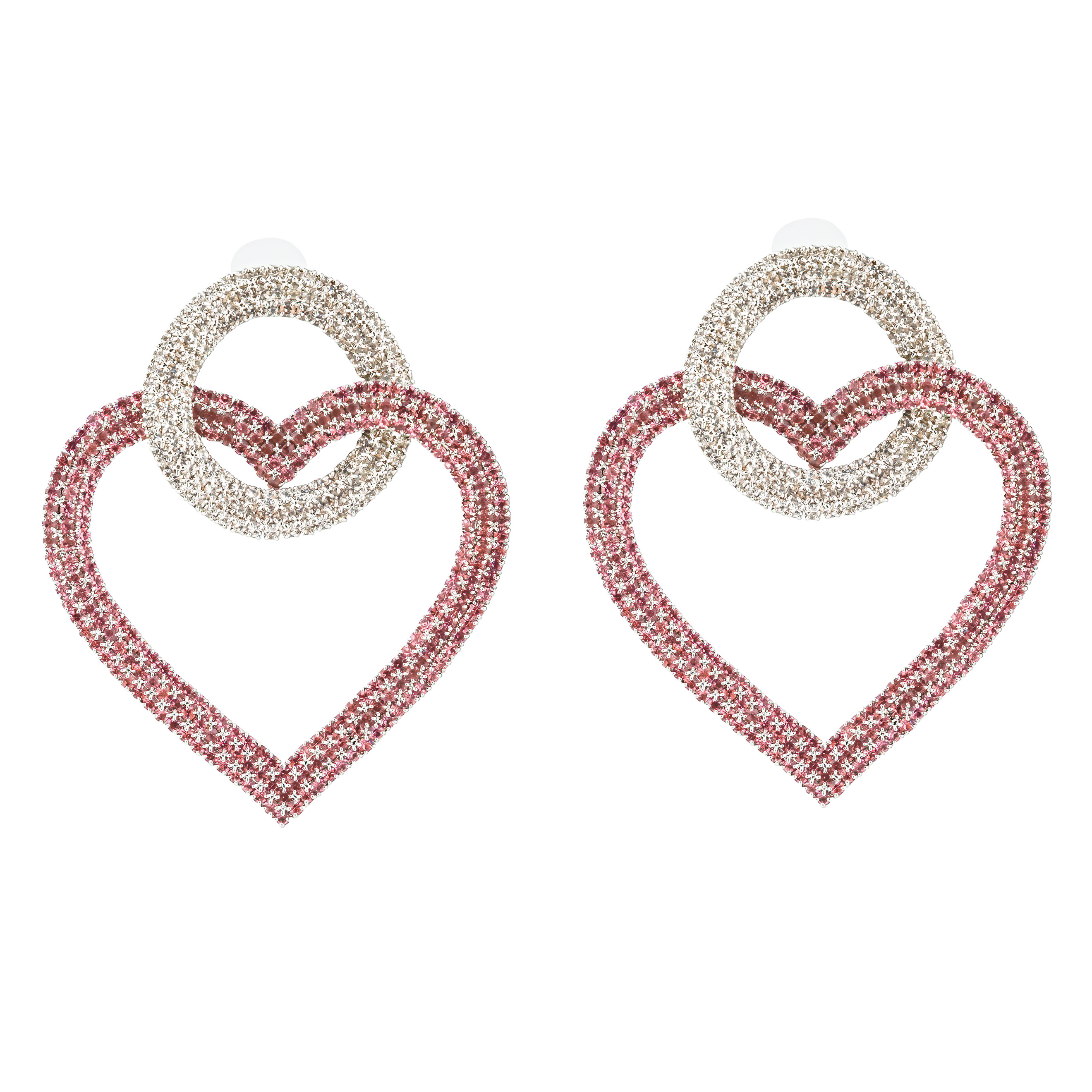 earrings with pink hearts completelcovered with crystals
