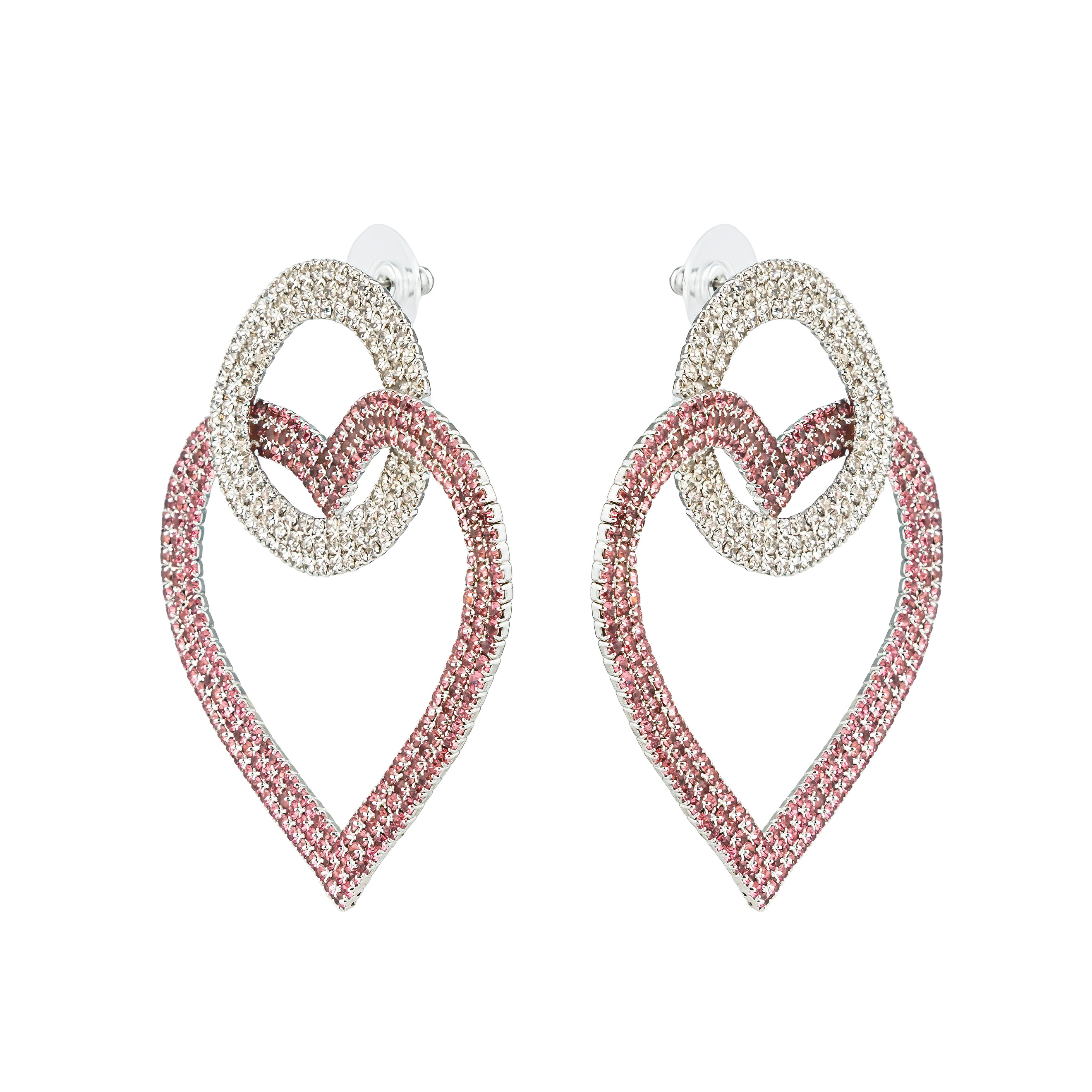 earrings with pink hearts completelcovered with crystals