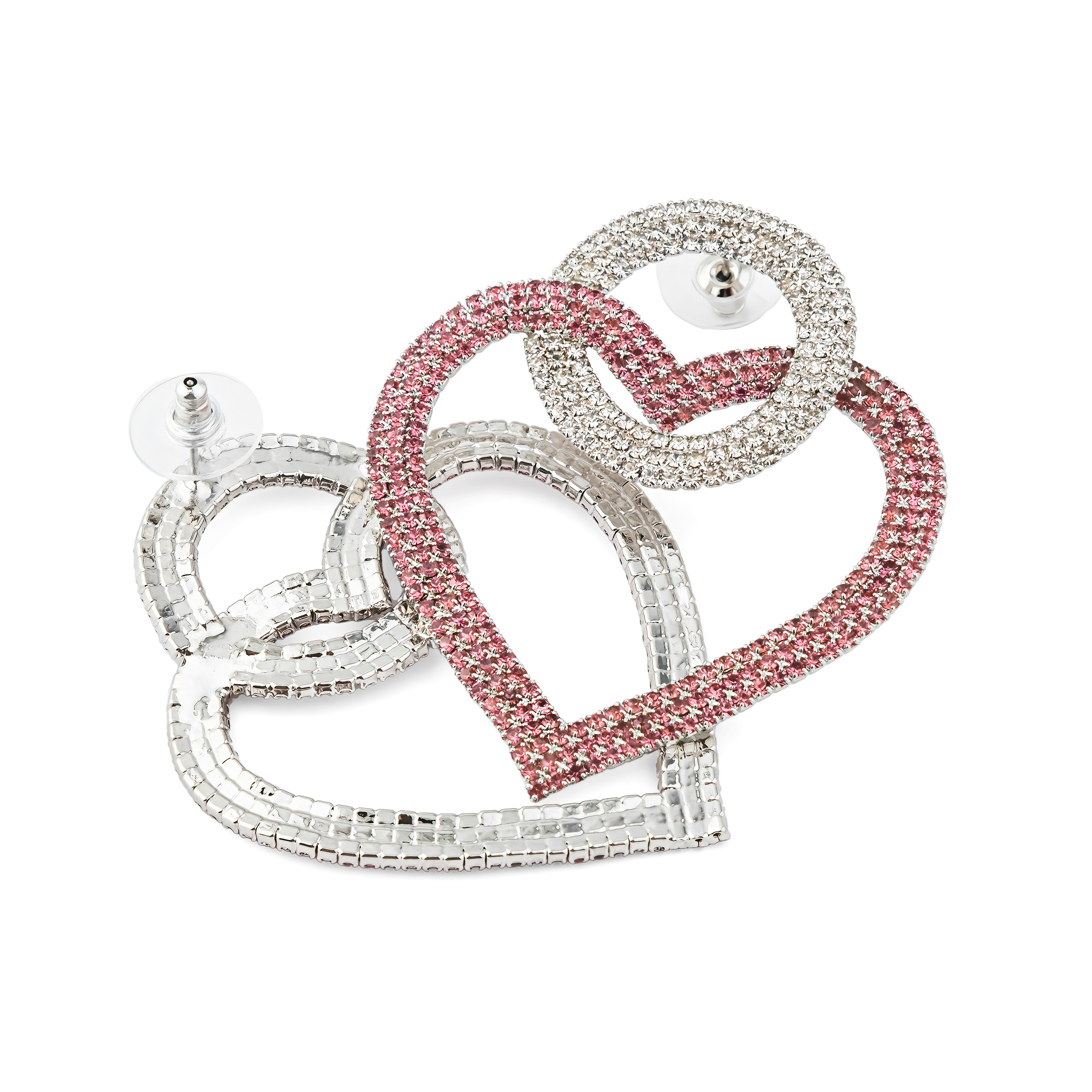 earrings with pink hearts completelcovered with crystals